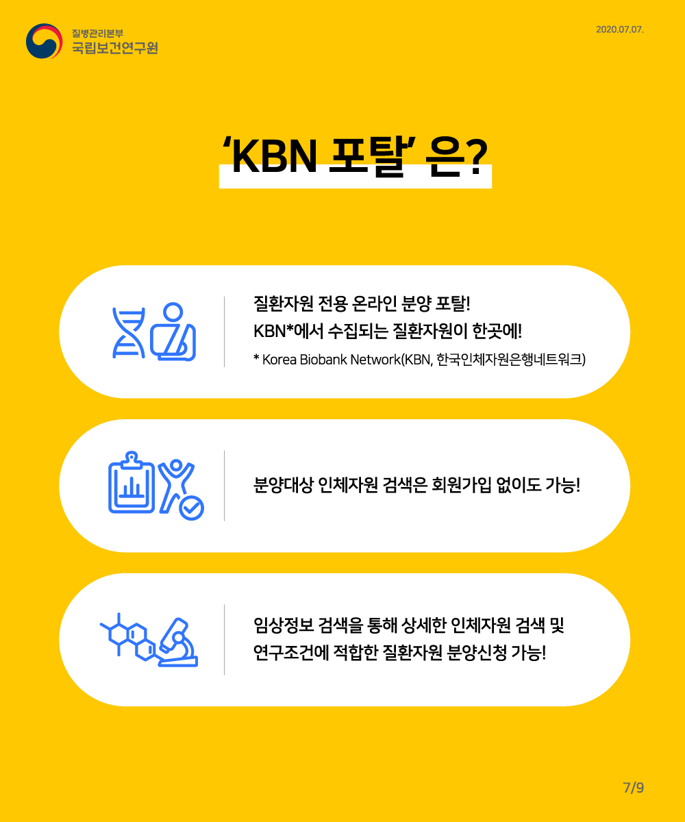 ‘KBN 포탈’ 은? 1) 질환자원 전용 온라인 분양 포탈! KBN*에서 수집되는 질환자원이 한곳에! * Korea Biobank Network(KBN, 한국인체자원은행네트워크) 2) 분양대상 인체자원 검색은 회원가입 없이도 가능! 3) 임상정보 검색을 통해 상세한 인체자원 검색 및 연구조건에 적합한 질환자원 분양신청 가능!