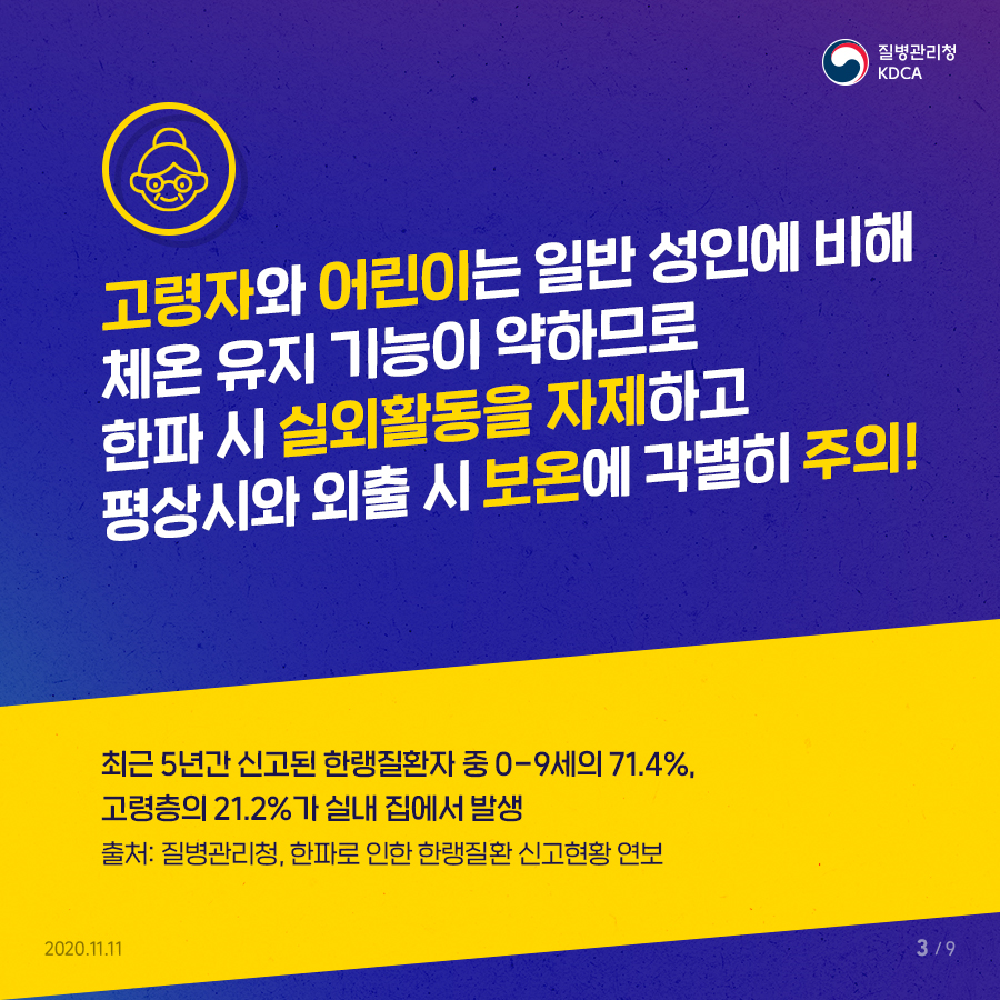 고령자와 어린이는 일반 성인에 비해 체온 유지 기능이 약하므로 한파 시 실외활동을 자제하고 평상 시와 외출 시 보온에 각별히 주의! 최근 5년간 신고된 한랭질환자 중 0-9세의 71.4%, 고령층의 21.2%가 실내 집에서 발생 출처: 질병관리청, 한파로 인한 한랭질환 신고현황 연보