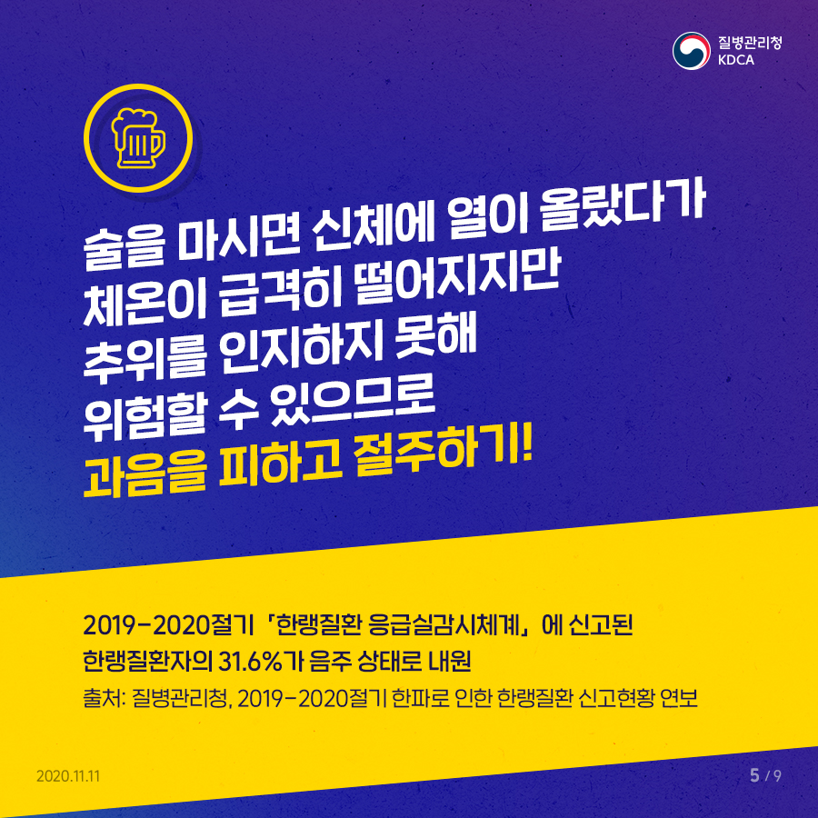 술을 마시면 신체에 열이 올랐다가 체온이 급격히 떨어지지만 추위를 인지하지 못해 위험할 수 있으므로 과음을 피하고 절주하기! 2019-2020절기 「한랭질환 응급실감시체계」에 신고된 한랭질환자의 31.6%가 음주 상태로 내원 출처: 질병관리청, 2019-2020절기 한파로 인한 한랭질환 신고현황 연보