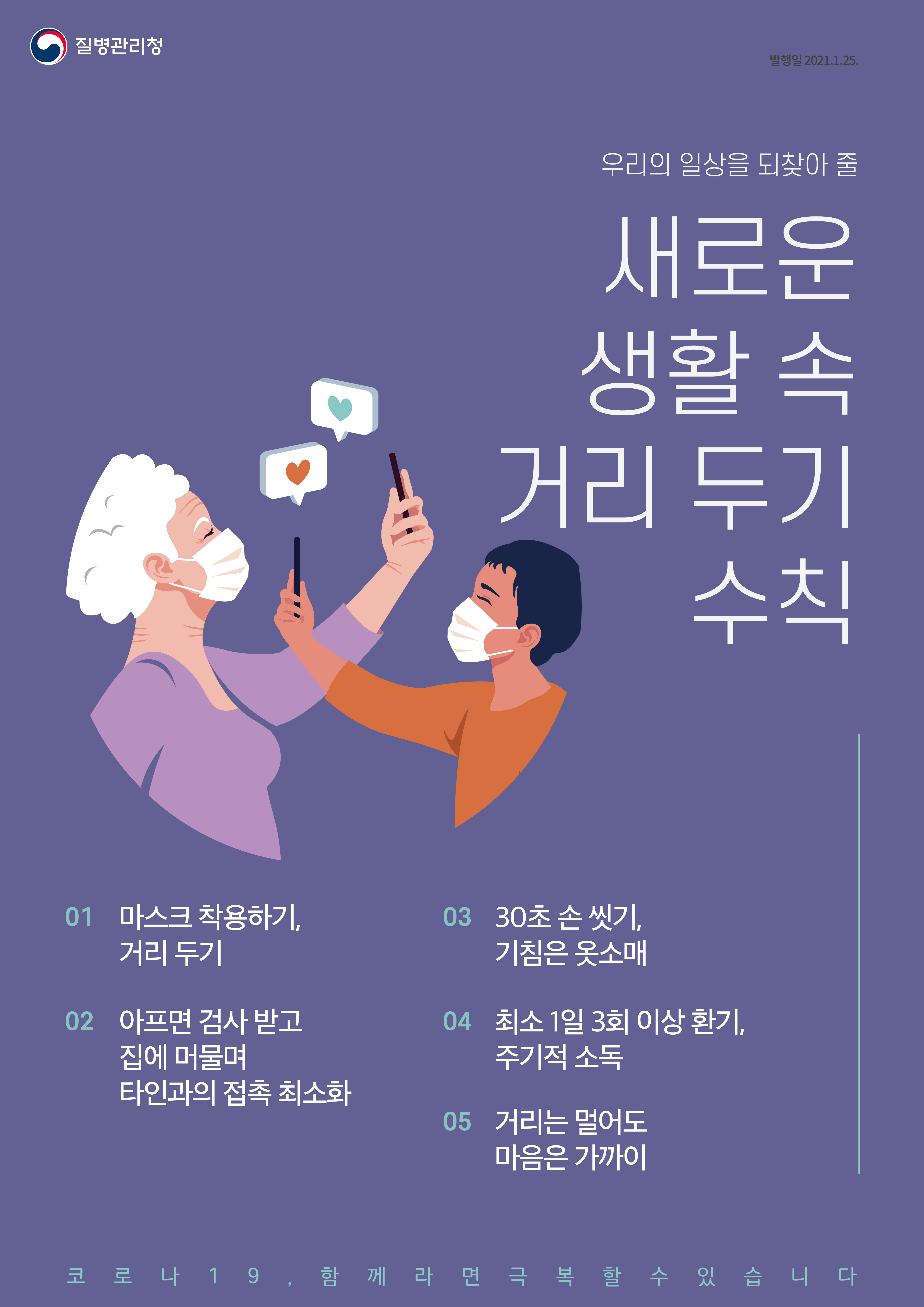 질병관리청, 발행일 2020년 1월 25일, 우리의 일상을 되찾아 줄 새로운 생활 속 거리 두기 수칙, 01 마스크 착용하기, 거리 두기, 02 아프면 검사 받고 집에 머물며 타인과의 접촉 최소화, 03 30초 손 씻기, 기침은 옷소매, 04 최소 1일 3외 이상 환기, 주기적 소독, 05 거리는 멀어도 마음은 가까이, 코로나19, 함께라면 극복할 수 있습니다.