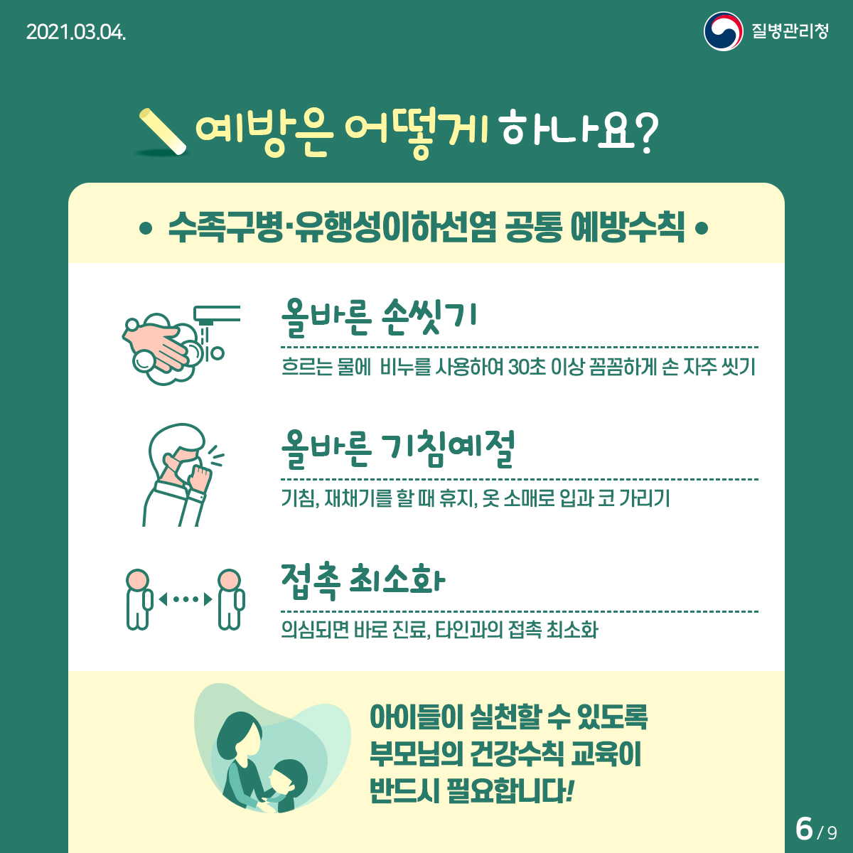 [질병관리청 21년 3월 4일 9페이지 중 6페이지] 수족구병·유행성이하선염 공통 예방수칙, 올바른 손씻기, 흐르는 물에 비누를 사용하여 30초 이상 꼼꼼하게 손 자주 씻기, 올바른 기침예절, 기침, 재채기를 할 때 휴지, 옷 소매로 입과 코 가리기, 접촉 최소화, 의심되면 바로 진료, 타인과의 접촉 최소화, 아이들이 실천할 수 있도록 부모님의 건강수칙 교육이, 반드시 필요합니다!