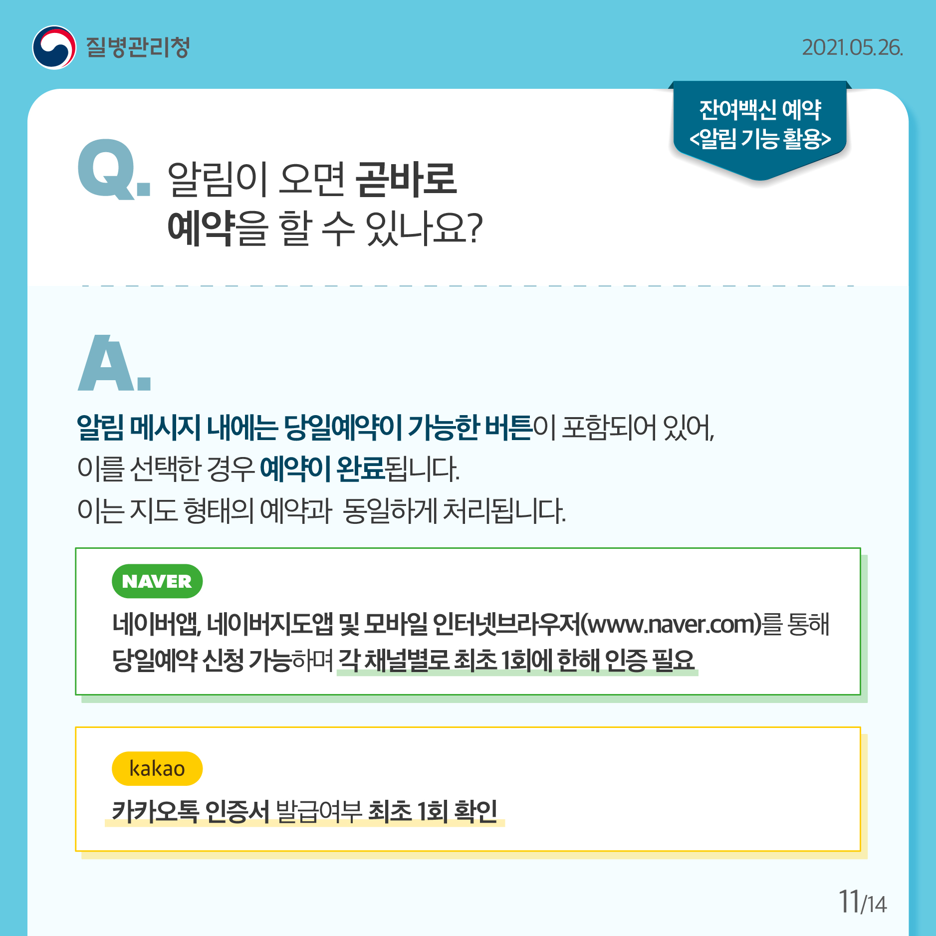 알림이 오면 곧바로 예약을 할 수 있나요? 알림 메시지 내에는 당일예약이 가능한 버튼이 포함되어 있어, 이를 선택한 경우예약이 완료됩니다. 이는 지도 형태의 예약과 동일하게 처리됩니다 네이버앱, 네이버지도앱 및 모바일 인터넷브라우저(www.naver.com)를통해 당일예약 신청 가능하며각 채널별로 최초 1회에 한해 인증 필요 카카오톡 인증서 발급여부 최초 1회 확인