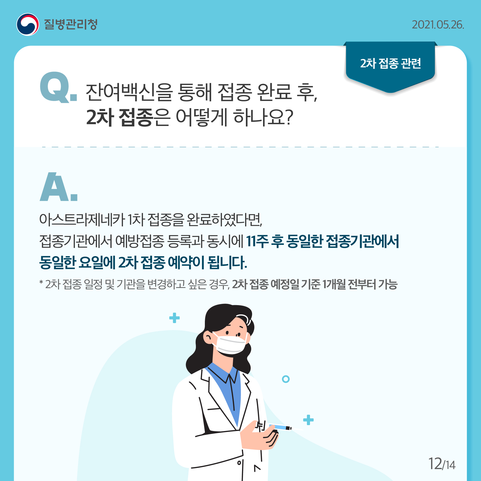 잔여백신을 통해 접종 완료 후, 2차 접종은 어떻게 하나요? 아스트라제네카 1차 접종을 완료하였다면, 접종기관에서 예방접종 등록과 동시에11주 후 동일한 접종기관에서 동일한 요일에 2차 접종 예약이 됩니다. * 2차 접종 일정 및 기관을 변경하고 싶은 경우,2차 접종 예정일 기준 1개월 전부터 가능