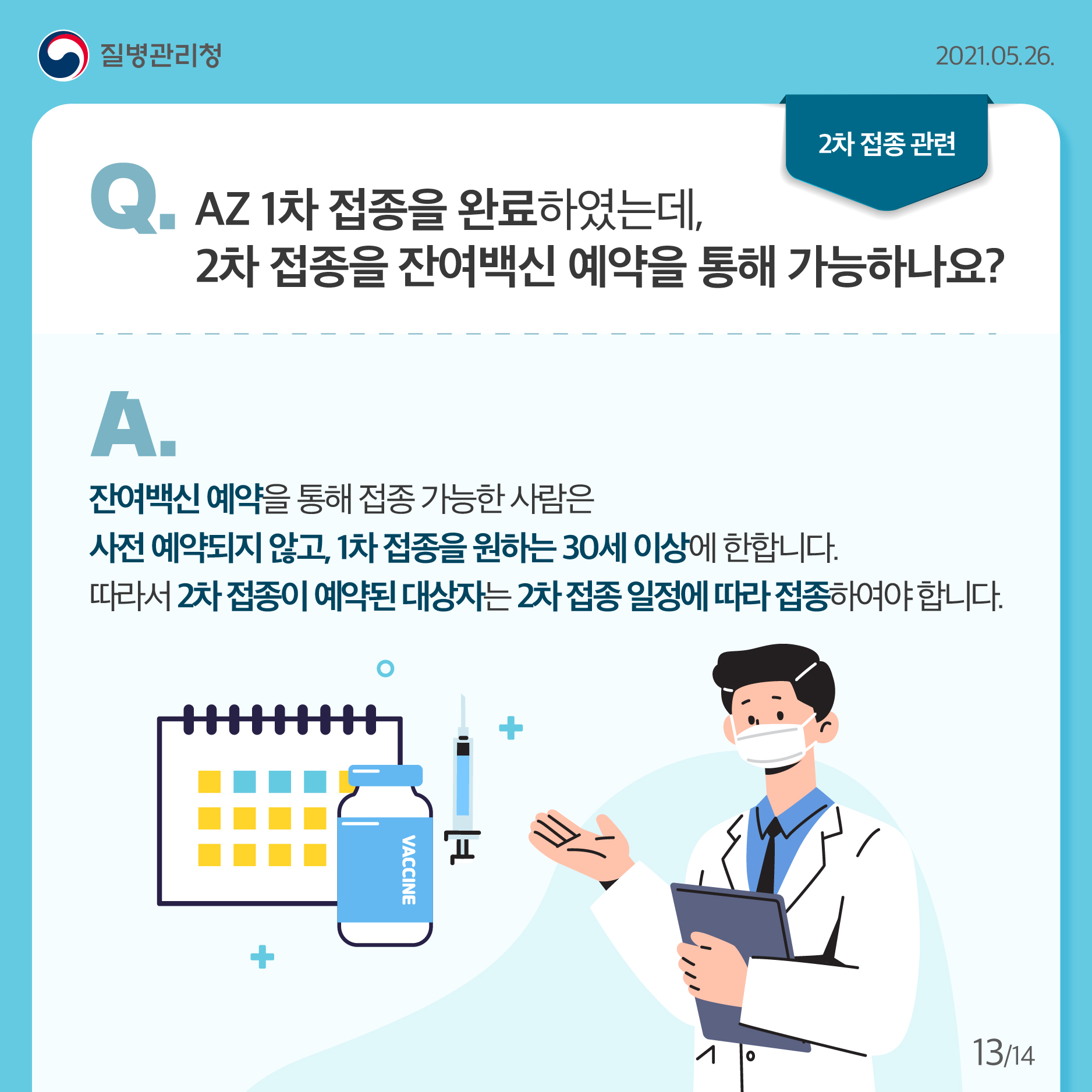 AZ 1차 접종을 완료하였는데, 2차 접종을 잔여백신 예약을 통해 가능하나요? 잔여백신 예약을 통해 접종 가능한 사람은 사전 예약되지 않고, 1차 접종을 원하는 30세 이상에 한합니다. 따라서2차 접종이 예약된 대상자는2차 접종 일정에 따라 접종하여야 합니다.