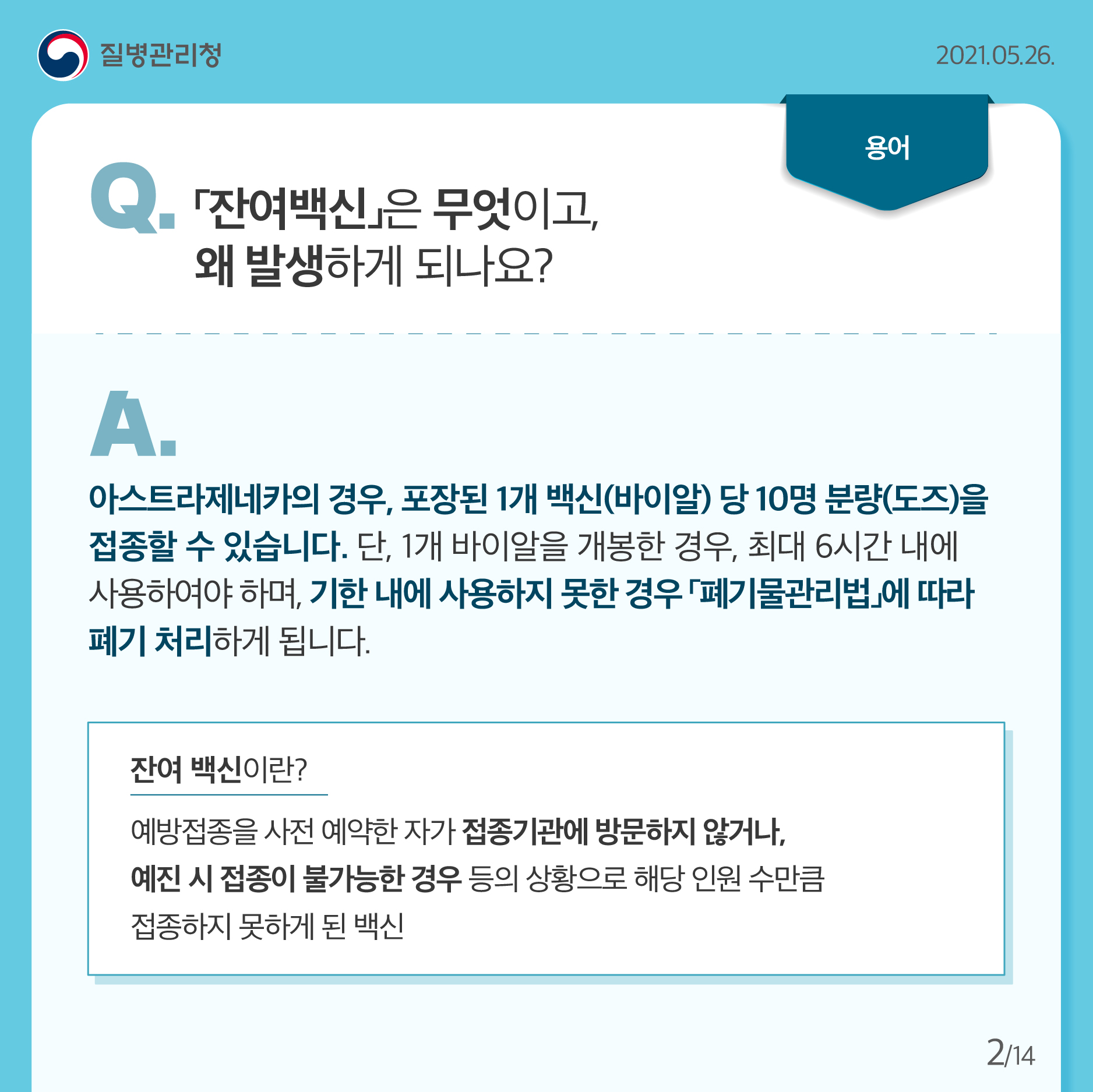 잔여백신은 무엇이고 왜 발생하게 되나요? 아스트라제네카의 경우, 포장된 1개 백신(바이알) 당 10명 분량(도즈)을 접종할 수 있습니다. 단, 1개 바이알을 개봉한 경우, 최대 6시간 내에 사용하여야 하며, 기한 내에 사용하지 못한 경우 「폐기물관리법」에 따라 폐기 처리하게 됩니다. 잔여 백신이란? 예방접종을 사전 예약한 자가 접종기관에 방문하지 않거나, 예진 시 접종이 불가능한 경우 등의 상황으로 해당 인원 수만큼 접종하지 못하게 된 백신