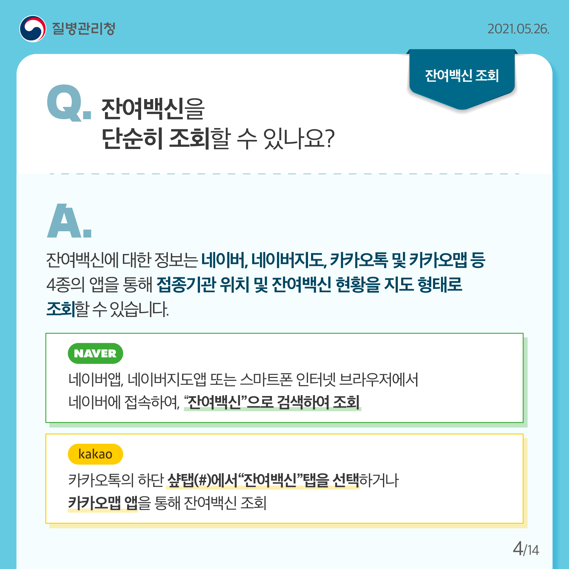 잔여백신을 단순히 조회할 수 있나요? 잔여백신에 대한 정보는네이버, 네이버지도, 카카오톡 및 카카오맵 등 4종의 앱을 통해 접종기관 위치 및 잔여백신 현황을 지도 형태로 조회할 수 있습니다. 네이버앱, 네이버지도앱 또는 스마트폰 인터넷 브라우저에서 네이버에 접속하여, “잔여백신”으로 검색하여 조회 카카오톡의 하단 샾탭(#)에서“잔여백신”탭을 선택하거나 카카오맵 앱을 통해 잔여백신 조회
