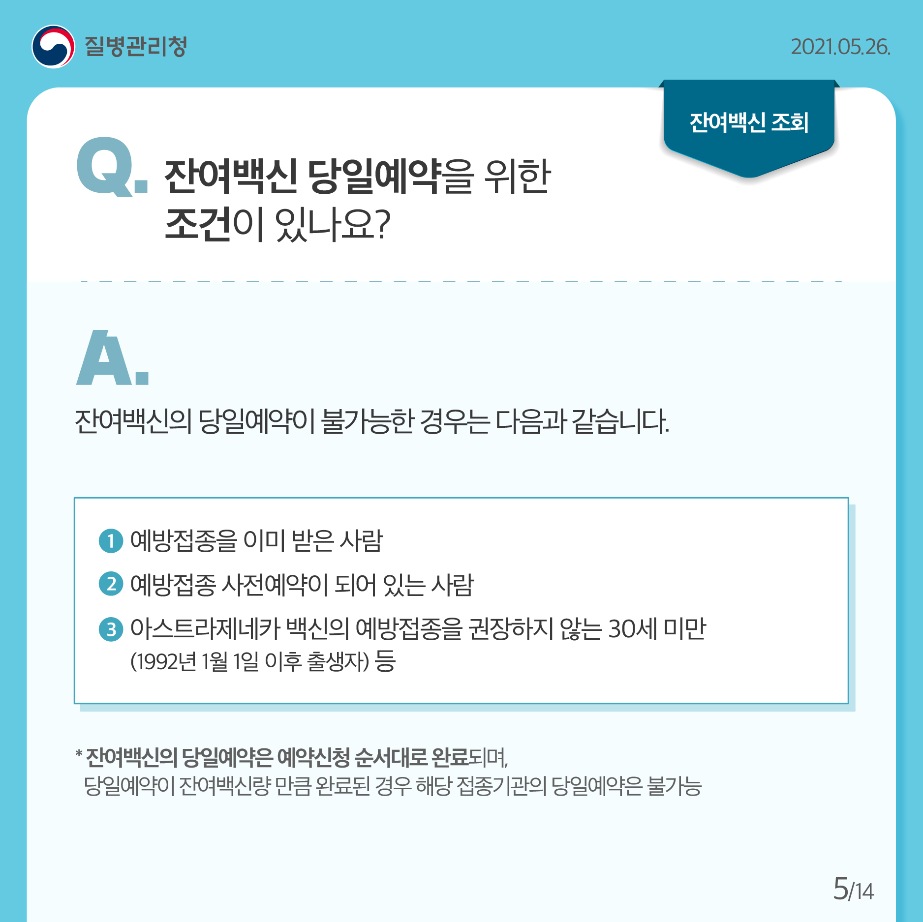 잔여백신 당일예약을 위한 조건이 있나요? 잔여백신의 당일예약이 불가능한 경우는 다음과 같습니다 예방접종을 이미 받은 사람, 예방접종 사전예약이 되어 있는 사람, 아스트라제네카 백신의 예방접종을 권장하지 않는 30세 미만 (1992년 1월 1일 이후 출생자) 등 *잔여백신의 당일예약은 예약신청 순서대로 완료되며 당일예약이 잔여백신량 만큼 완료된 경우 해당 접종기관의 당일예약은 불가능