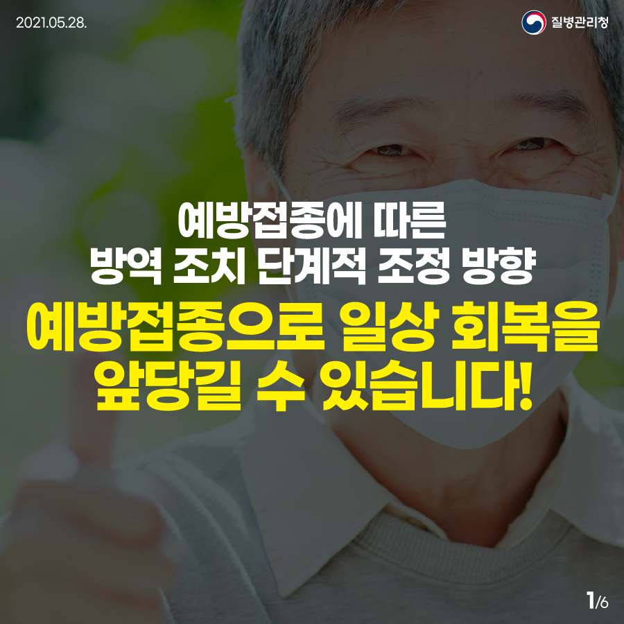 [질병관리청 21년 5월 28일 6페이지 중 1페이지] 예방접종에 따른 방역 조치 단계적 조정 방향 예방접종으로 일상회복을 앞당길 수 있습니다!