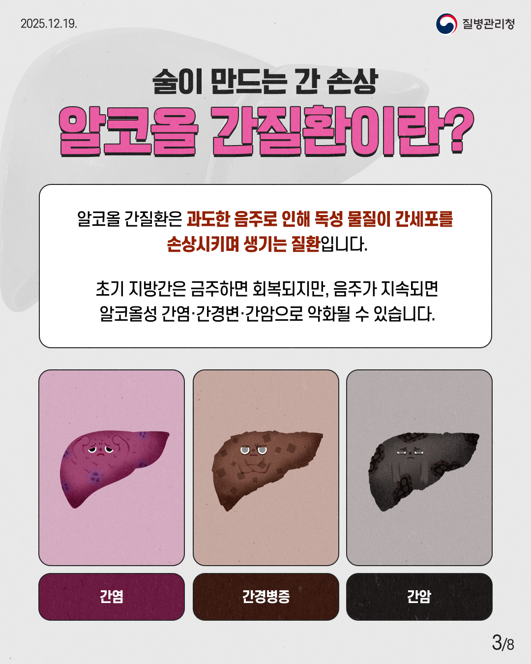 3P 술이 만드는 간 손상 알코올 간질환이란?  알코올 간질환은 과도한 음주로 인해 독성 물질이 간세포를 손상시키며 생기는 질환입니다.  초기 지방간은 금주하면 회복되지만, 음주가 지속되면 알코올성 간염·간경병·간암으로 악화될 수 있습니다.  간염 간경병증 간암