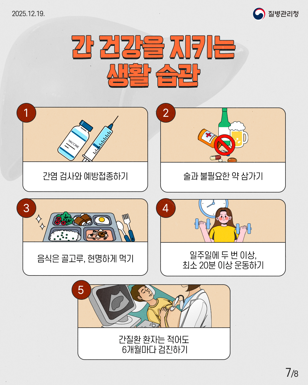 7P 간 건강을 지키는 생활 습관  1. 간염 검사와 예방접종하기 2. 술과 불필요한 약 삼가기 3. 음식은 골고루, 현명하게 먹기 4. 일주일에 두 번 이상, 최소 20분 이상 운동하기 5. 간질환 환자는 적어도 6개월마다 검진하기 