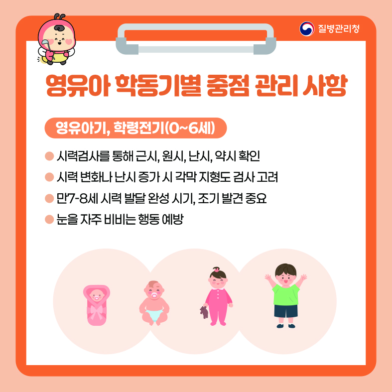영유아 학동기별 중점 관리 사항 <영유아기, 학령전기(0~6세)> - 시력검사를 통해 근시, 원시, 난시, 약시 확인 - 시력 변화나 난시 증가 시 각막 지형도 검사 고려 - 만7-8세 시력 발달 완성 시기, 조기 발견 중요 - 눈을 자주 비비는 행동 예방