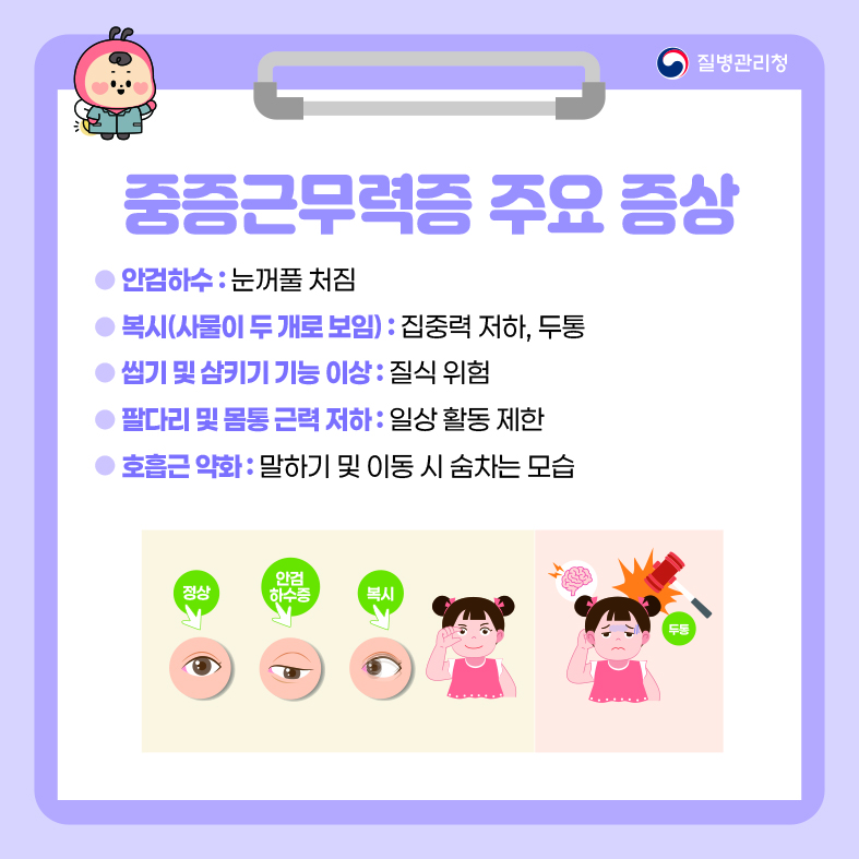 중증근무력증 주요 증상 - 안검하수 : 눈꺼풀 처짐 - 복시(사물이 두 개로 보임) : 집중력 저하, 두통 - 씹기 및 삼키기 기능 이상 : 질식 위험 - 팔다리 및 몸통 근력저하 : 일상 활동 제한 - 호흡근 약화 : 말하기 및 이동 시 숨차는 모습