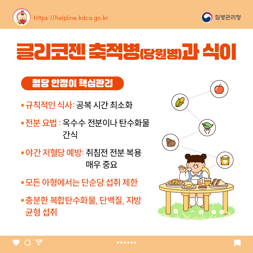 글리코젠 축적병(당원병)과 식이 <혈당 안정이 핵심관리> - 규칙적인 식사: 공복 시간 최소화 - 전분 요법 : 옥수수 전분이나 탄수화물 간식 - 야간 저혈당 예방: 취침전 전분 복용 매우 중요 - 모든 아형에서는 단순당 섭취 제한 충분한 복합탄수화물, 단백질, 지방 균형 섭취