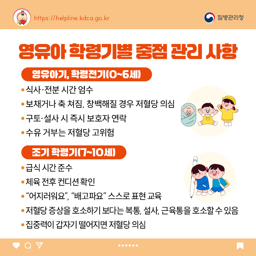 영유아 학동기별 중점 관리 사항 <영유아기, 학령전기(0~6세)> - 식사·전분 시간 엄수 - 보채거나 축 쳐짐, 창백해질 경우 저혈당 의심 - 구토·설사 시 즉시 보호자 연락 - 수유 거부는 저혈당 고위험 <조기 학령기(7~10세)> - 급식 시간 준수 - 체육 전후 컨디션 확인 - “어지러워요”, “배고파요” 스스로 표현 교육 - 저혈당 증상을 호소하기 보다는 복통, 설사, 근육통을 호소할 수 있음 - 집중력이 갑자기 떨어지면 저혈당 의심