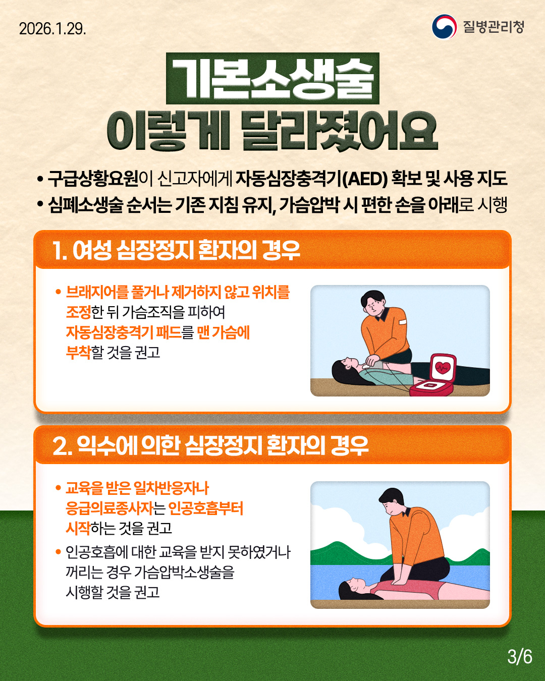 �⺻�һ��� �̷��� �޶������  - ���޻�Ȳ����� �Ű��ڿ��� �ڵ�������ݱ� (AED) Ȯ�� �� ��� ���� - ����һ��� ������ ���� ��ħ ����, �����й� �� ���� ���� �Ʒ��� ����  1. ���� �������� ȯ���� ��� - �귡��� Ǯ�ų� �������� �ʰ� ��ġ�� ������ �� ���������� ���Ͽ� �ڵ�������ݱ� �е带 �� ������ ������ ���� �ǰ�  2. �ͼ��� ���� �������� ȯ���� ��� - ������ ���� ���������ڳ� �����Ƿ������ڴ� �ΰ�ȣ������ �����ϴ� ���� �ǰ� - �ΰ�ȣ���� ���� ������ ���� ���Ͽ��ų� ������ ��� �����йڼһ����� ������ ���� �ǰ�