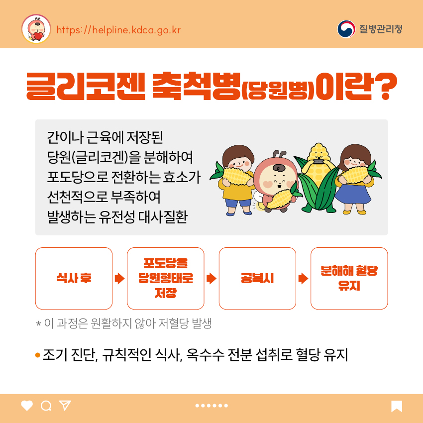 글리코젠 축척병(당원병)이란? - 간이나 근육에 저장된 당원(글리코겐)을 분해하여 포도당으로 전환하는 효소가 선천적으로 부족하여    발생하는 유전성 대사질환 - 식사후 -> 포다당을 당원형태로 저장 -> 공복시 -> 분해해 혈당 유지   * 이 과정은 원활하지 않아 저혈당 발생 - 조기 진단, 규칙적인 식사, 옥수수 전분 섭취로 혈당 유지