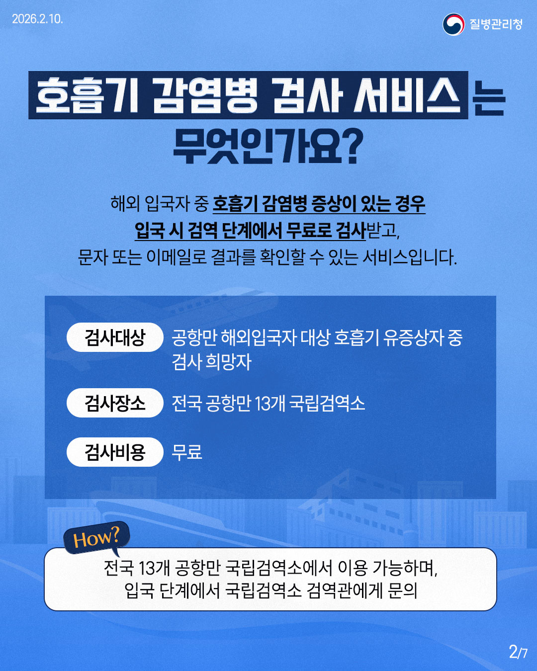 2026.2.10. 질병관리청 호흡기 감염병 검사 서비스는 무엇인가요? 해외 입국자 중 호흡기 감염병 증상이 있는 경우 입국 시 검역 단계에서 무료로 검사받고, 문자 또는 이메일로 결과를 확인할 수 있는 서비스입니다. 검사대상 공항만 해외입국자 대상 호흡기 유증상자 중 검사 희망자 검사장소 전국 공항만 13개 국립검역소 검사비용 무료 How? 전국 13개 공항만 국립검역소에서 이용 가능하며, 입국 단계에서 국립검역소 검역관에게 문의 2/7