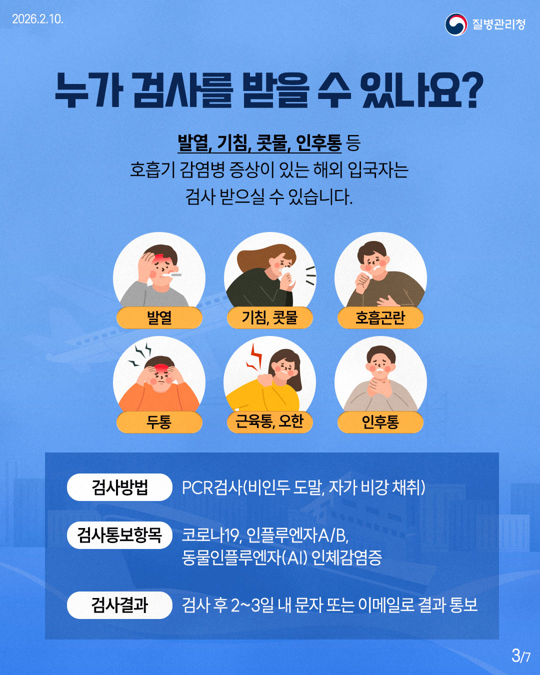 2026.2.10. 질병관리청 누가 검사를 받을 수 있나요? 발열, 기침, 콧물, 인후통 등 호흡기 감염병 증상이 있는 해외 입국자는 검사 받으실 수 있습니다. 발열 기침, 콧물 호흡곤란 두통 근육통, 오한 인후통 검사방법 PCR검사(비인두 도말, 자가 비강 채취) 검사통보항목 코로나19, 인플루엔자 A/B, 동물인플루엔자(AI) 인체감염증 검사결과 검사 후 2~3일 내 문자 또는 이메일로 결과 통보 3/7