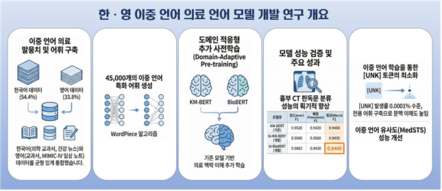 한&middot;영 이중 언어 의료 언어 모델 개발 연구 개요  이중 언어 의료 말뭉치 및 어회 구축 한국어 데이터(54.4%) + 영어 데이터(33.8%) 한국어(의학 교과서, 건강 뉴스)와 영어(교과서, MIMIC-IV 임상 노트) 데이터를 균형 있게 통합했습니다.  45,000개의 이중 언어 특화 어휘 생성 WordPiece 알고리즘  도메인 적응형 추가 사전학습(Domain-Adaptive Pre-training) KM-BERT + BioBERT = 기존 모델 기반 의료 맥락 이해 추가 학습  모델 성능 검증 및 주요 성과 흉부 CT 판독문 분류 성능의 획기적 향상  모델명 / 암(Cancer) F1 / 폐렴(Pneumonia) F1 / 평균(Macro) F1 KM-BERT(기존) / 0.9520 / 0.9420 / 0.9460 bi-KM-BERT(개발) / 0.9560 / 0.9560 / 0.9430 bi-BioBERT(개발) / 0.9802 / 0.9430 / 0.9460  이중 언어 학습을 통한 [UNK] 토큰의 최소화 [UNK] 발생률 0.0001% 수준, 전용 어휘 구축으로 문맥 이해도 높임 이중 언어 유사도(MedSTS) 성능 개선