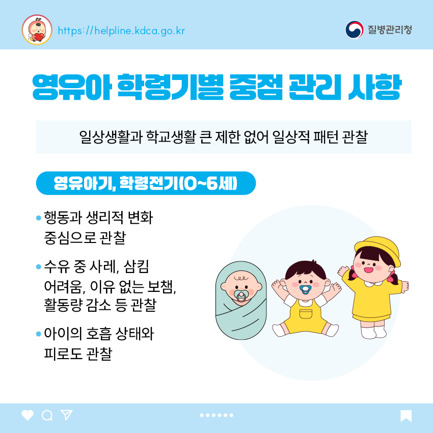 영유아 학동기별 중점 관리 사항 - 일상생활과 학교생활 큰 제한 없어 일상적 패턴 관찰 <영유아기, 학령전기(0~6세)> - 행동과 생리적 변화 중심으로 관찰 - 수유 중 사레, 삼킴 어려움, 이유 없는 보챔, 활동량 감소 등 관찰 - 아이의 호흡 상태와 피로도 관찰