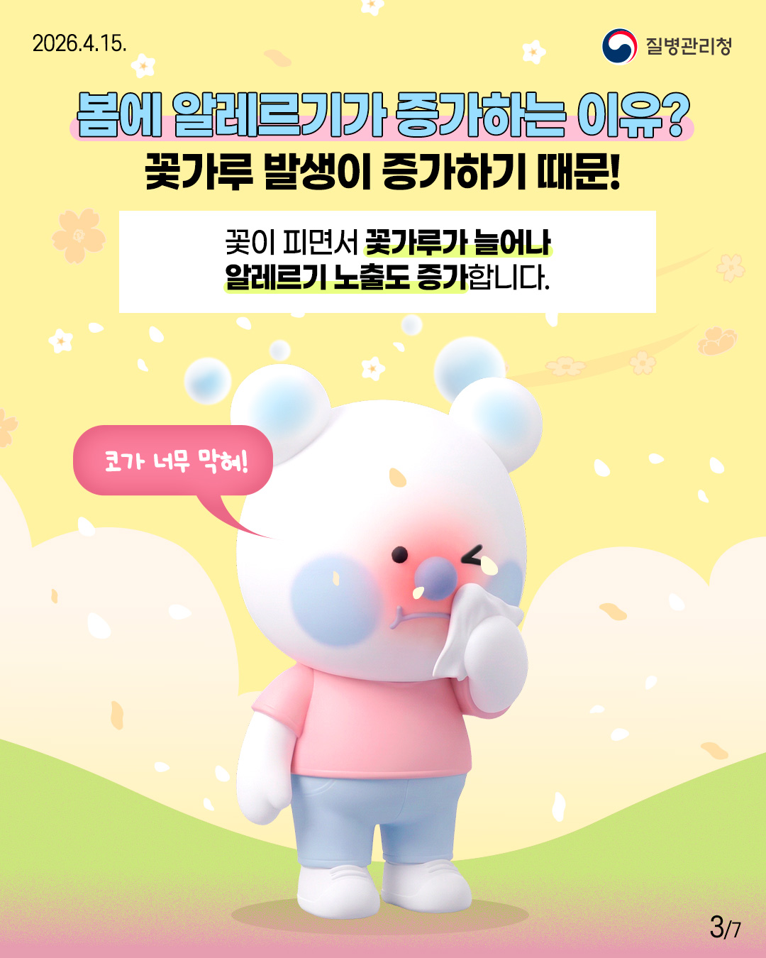 봄에 알레르기가 증가하는 이유?  꽃가루 발생이 증가하기 때문!  꽃이 피면서 꽃가루가 늘어나  알레르기 노출도 증가합니다.  코가 너무 막혀!