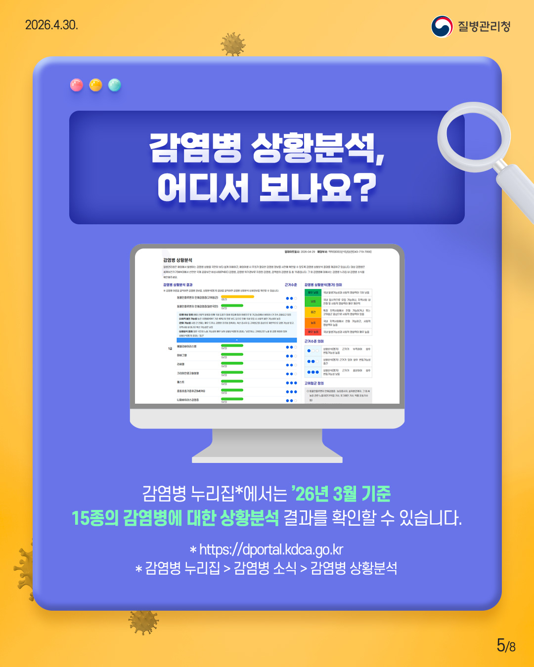 감염병 상황분석, 어디서 보나요? 감염병 누리집*에서는 '26년 3월 기준 15종의 감염병에 대한 상황분석 결과를 확인할 수 있습니다. * https://dportal.kdca.go.kr * 감염병 누리집 → 감염병 소식 → 감염병 상황분석