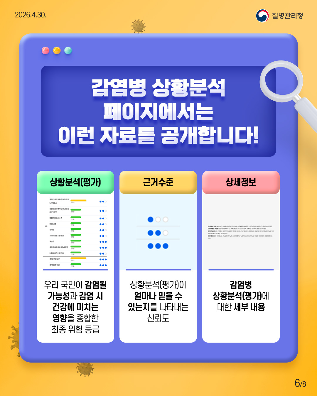 감염병 상황분석 페이지에서는 이런 자료를 공개합니다! 상황분석(평가). 우리 국민이 감염될 가능성과 감염 시 건강에 미치는 영향을 종합한 최종 위험 등급. 근거수준. 상황분석(평가)이 얼마나 믿을 수 있는지를 나타내는 신뢰도. 상세정보. 감염병 상황분석(평가)에 대한 세부 내용.