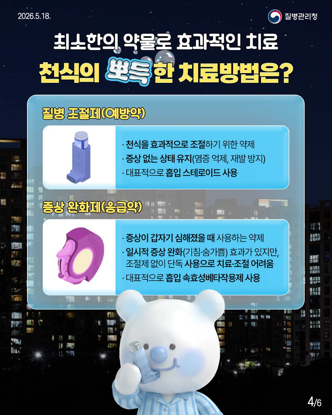 최소한의 약물로 효과적인 치료 천식의 뽀득한 치료방법은?  질병 조절제(예방약) - 천식을 효과적으로 조절하기 위한 약제 - 증상없는 상태유지(염증 억제, 재발 방지) - 대표적으로 흡입 스테로이드 사용  증상 완화제(응급약) - 증상이 갑자기 심해졌을 때 사용하는 약제 - 일시적 증상 완화(기침·숨가쁨) 효과가 있지만,   조절제 없이 단독사용으로 치료·조절 어려움 - 대표적으로 흡입 속효성베타작용제 사용