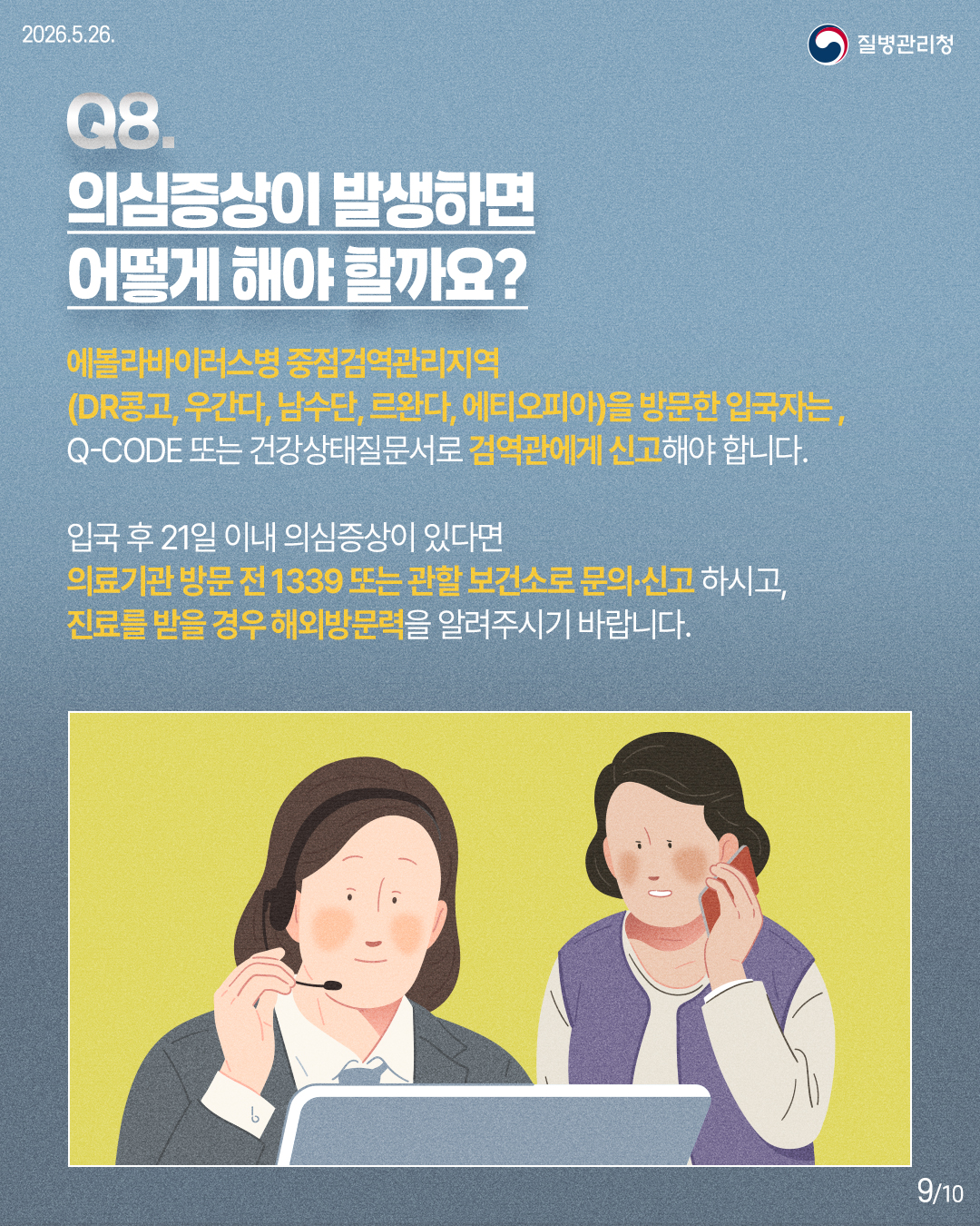 에볼라바이러스병 중점검역관리지역(DR콩고, 우간다, 남수단, 르완다, 에티오피아)을 방문한 입국자는, Q-CODE 또는 건강상태질문서로 검역관에게 신고해야 합니다. 입국 후 21일 이내 의심증상이 있다면 의료기관 방문 전 1339 또는 보건소로 문의·신고 하시고, 진료를 받을 경우 해외방문려을 알려주시기 바랍니다.