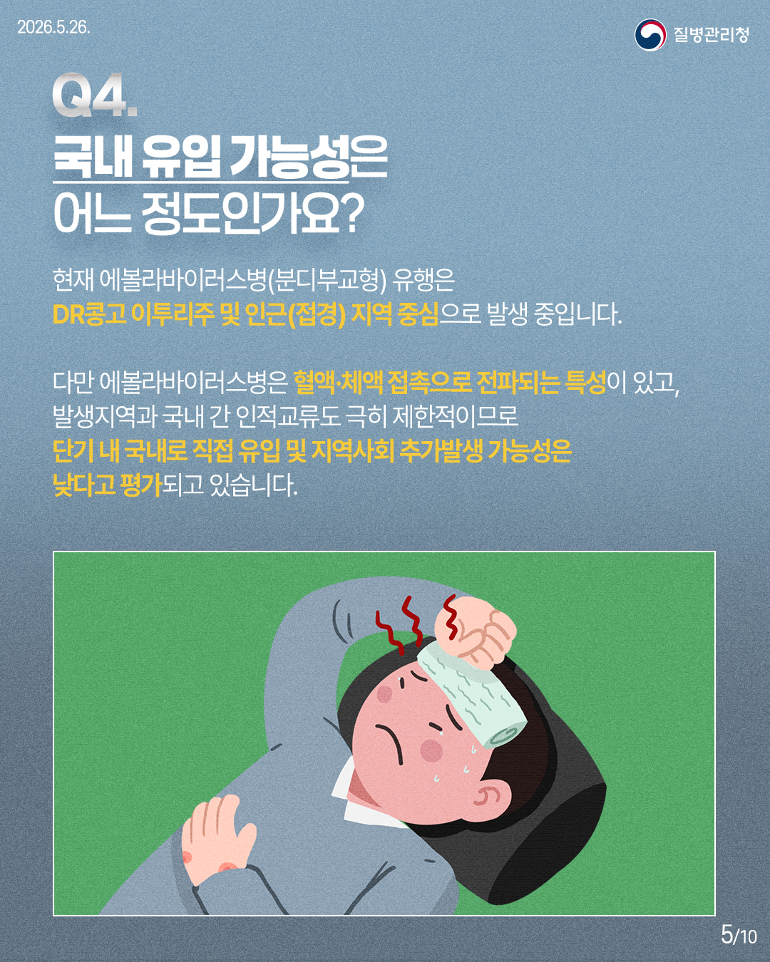 Q4. 국내 유입 가능성은 어느 정도인가요? 현재 에볼라바이러스병(분디부교형)유행은 DR콩고 이투리주 및 인근(접경) 지역 중심으로 발생 중입니다. 다만 에볼라바이러스병은 혈액·체액 접촉으로 전파되는 특성이 있고, 발생지역과 국내 간 인적교류도 극지 제한적이므로 단기 내 국내로 직접 유입 및 지역사회 추가발생 가능성은 낮다고 평가되고 있습니다.