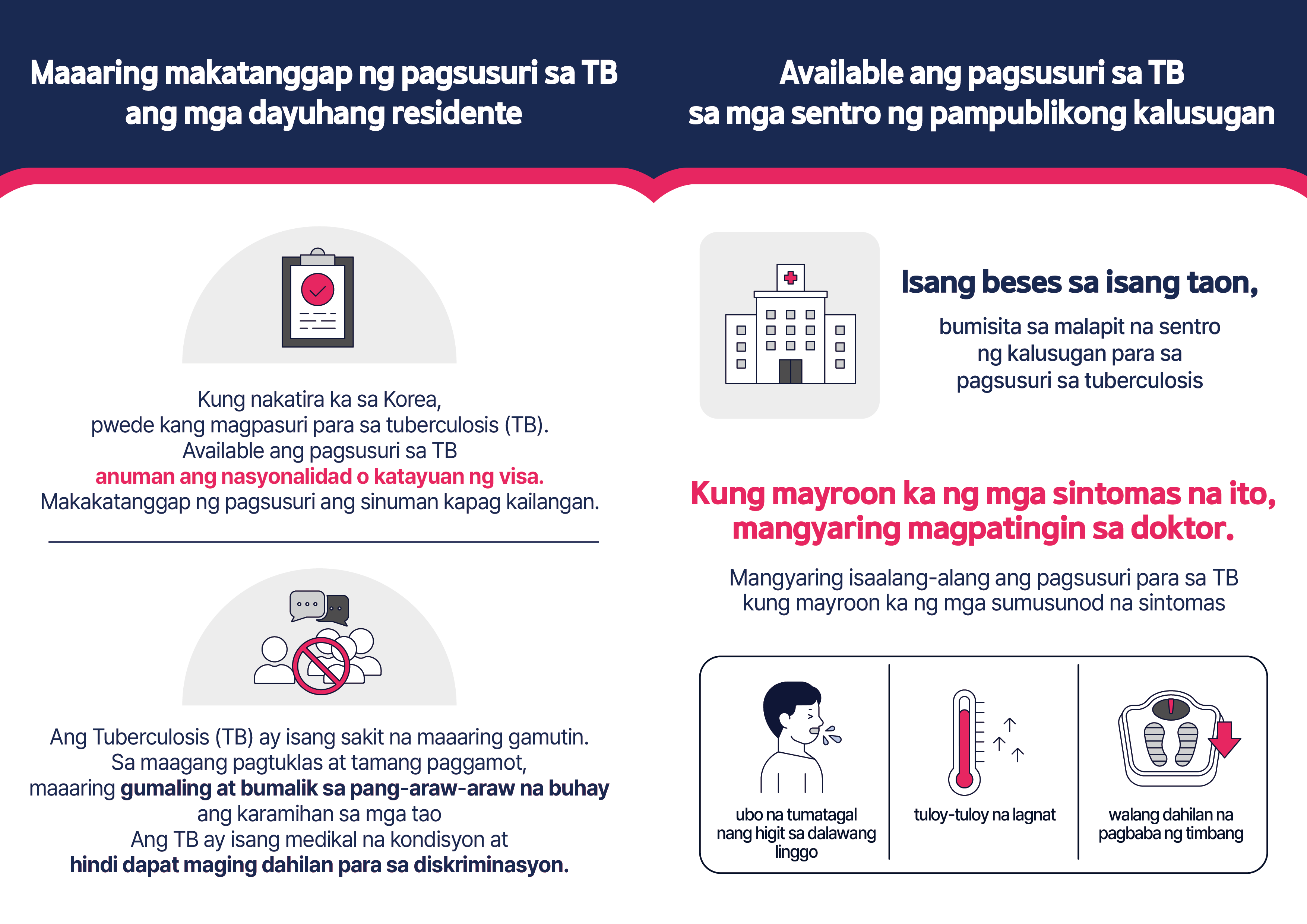 Maaaring makatanggap ng pagsusuri sa TB ang mga dayuhang residente Kung nakatira ka sa Korea, pwede kang magpasuri para sa tuberculosis (TB). Available ang pagsusuri sa TB anuman ang nasyonalidad o katayuan ng visa. Makakatanggap ng pagsusuri ang sinuman kapag kailangan. Ang Tuberculosis (TB) ay isang sakit na maaaring gamutin. Sa maagang pagtuklas at tamang paggamot, maaaring gumaling at bumalik sa pang-araw-araw na buhay ang karamihan sa mga tao. Ang TB ay isang medikal na kondisyon at hindi dapat maging dahilan para sa diskriminasyon.  Available ang pagsusuri sa TB sa mga sentro ng pampublikong kalusugan Isang beses sa isang taon, bumisita sa malapit na sentro ng kalusugan para sa pagsusuri sa tuberculosis Kung mayroon ka ng mga sintomas na ito, mangyaring magpatingin sa doktor. Mangyaring isaalang-alang ang pagsusuri para sa TBkung mayroon ka ng mga sumusunod na sintomas ubo na tumatagal nang higit sa dalawang linggo tuloy-tuloy na lagnat walang dahilan na pagbaba ng timbang