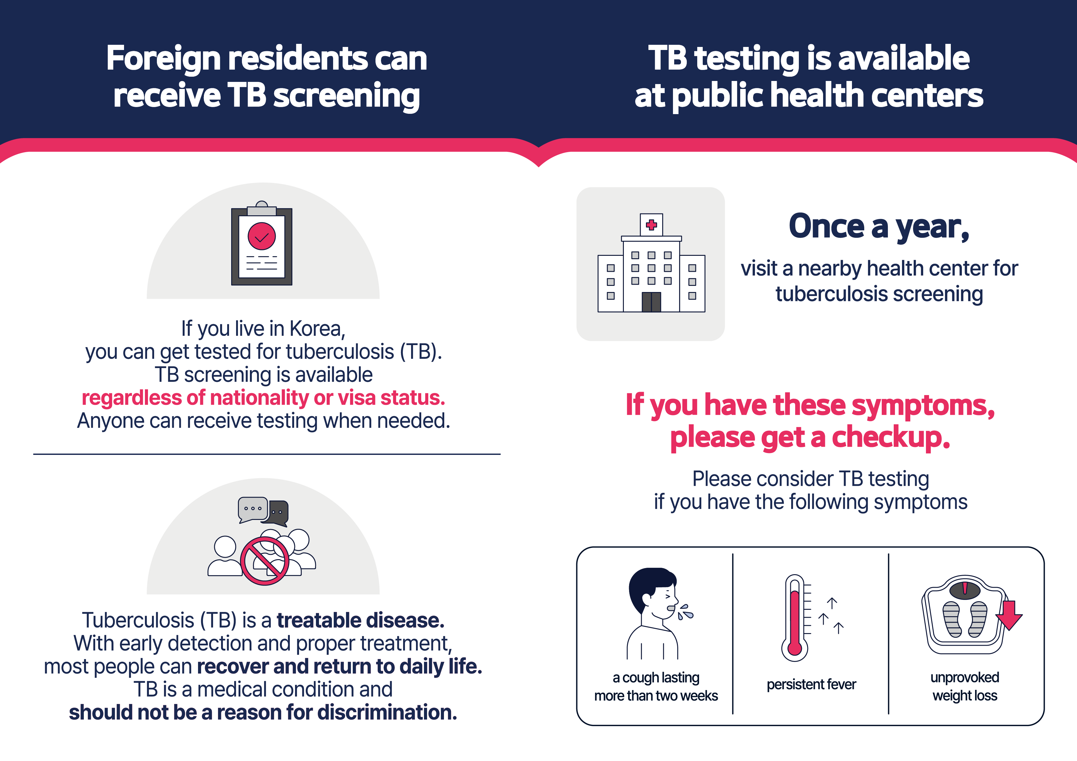 Foreign residents can receive TB screening If you live in Korea, you can get tested for tuberculosis (TB). TB screening is available regardless of nationality or visa status. Anyone can receive testing when needed. Tuberculosis (TB) is a treatable disease. With early detection and proper treatment, most people can recover and return to daily life. TB is a medical condition and should not be a reason for discrimination. TB testing is available at public health centers Once a year, visit a nearby health center for tuberculosis screening If you have these symptoms, please get a checkup. Please consider TB testing if you have the following symptoms a cough lasting more than two weeks persistent fever unprovokedweight loss