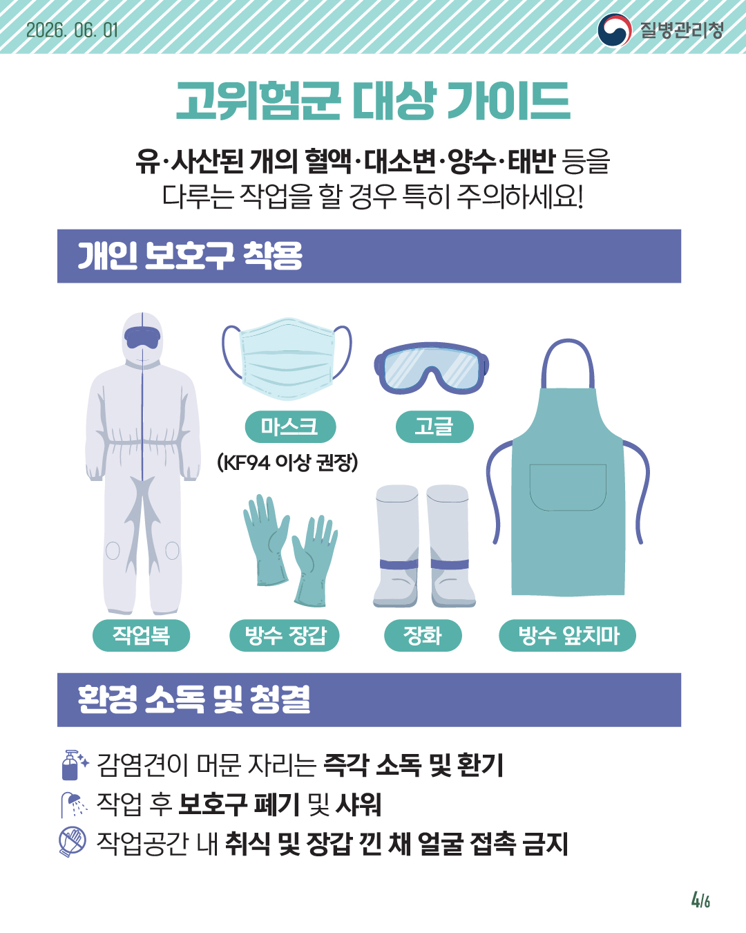 고위험군 대상 가이드 유/사산된 개의 혈액/대소변.양수 등을 다루는 작업을 할 경우 특히 주의하세요! 개인 보호구 착용 작업복 마스크 (KF94 이상 권장) 방수 장갑 고글 장화 환경 소독 및 청결 방수 앞치마 감염견이 머문 자리는 즉각 소독 및 환기 작업 후 보호구 폐기 및 샤워 작업공간 내 취식 및 장갑 낀 채 얼굴 접촉 금지