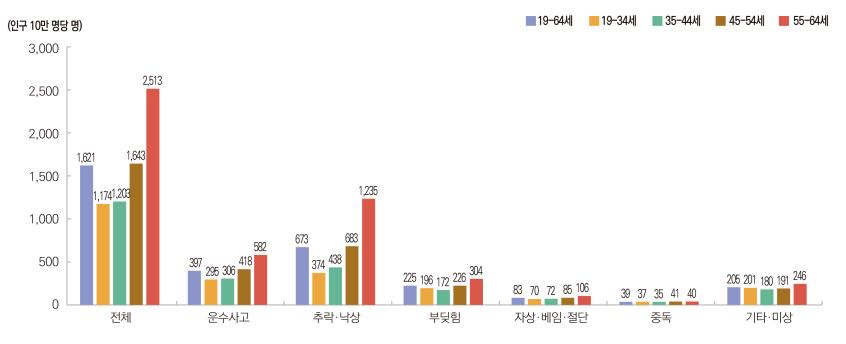 그림입니다.  원본 그림의 이름: 보도 5-청장년(19-64세) 손상환자의 주요 손상원인별 입원율 연령별 사본.jpg  원본 그림의 크기: 가로 3307pixel, 세로 1378pixel  사진 찍은 날짜: 2026년 06월 09일 오후 7:06  프로그램 이름 : Adobe Photoshop CS6 (Windows)  색 대표 : sRGB
