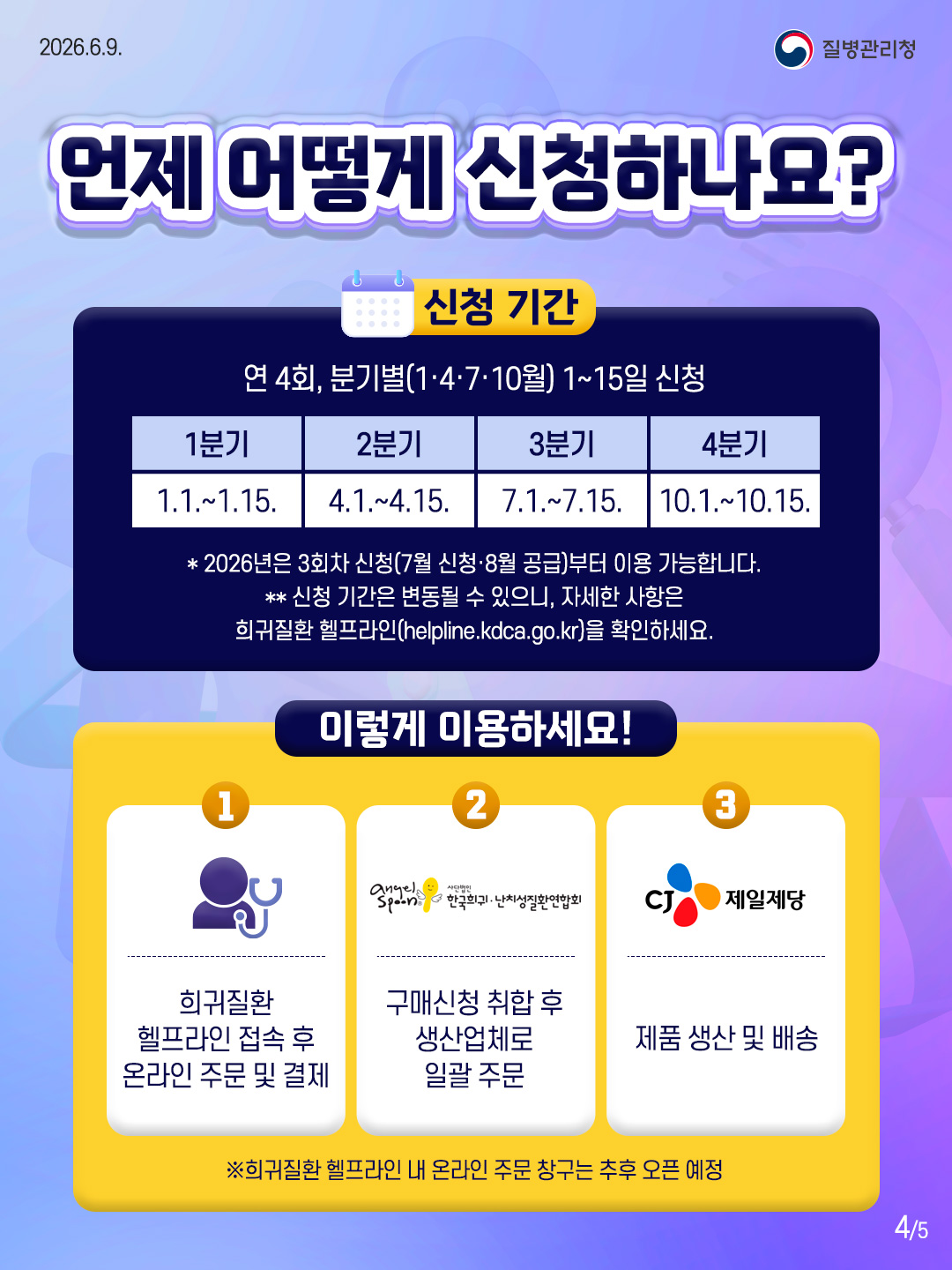 4페이지 언제 어떻게 신청하나요? 신청 기간 연 4회, 분기별(1·4·7·10월) 1~15일 신청 1분기 1.1.~1.15. 2분기 4.1.~4.15. 3분기 7.1.~7.15. 4분기 10.1.~10.15. * 2026년은 3회차 신청(7월 신청·8월 공급)부터 이용 가능합니다. ** 신청 기간은 변동될 수 있으니, 자세한 사항은 희귀질환 헬프라인(helpline.kdca.go.kr)을 확인하세요. 이렇게 이용하세요! ① 🩺 희귀질환 헬프라인 접속 후 온라인 주문 및 결제 ② angel spoon 한국희귀·난치성질환연합회 구매신청 취합 후 생산업체로 일괄 주문 ③ CJ 제일제당 제품 생산 및 배송 ※희귀질환 헬프라인 내 온라인 주문 창구는 추후 오픈 예정