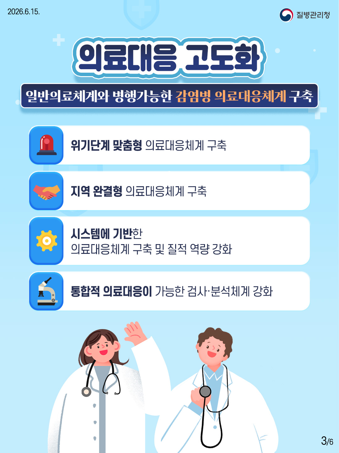 의료대응 고도화  일반의료체계와 병행가능한 감염병 의료대응체계 구축  - 위기단계 맞춤형 의료대응체계 구축 - 지역 완결형 의료대응체계 구축 - 시스템에 기반한 의료대응체계 구축 및 질적 역량 강화 - 통합적 의료대응이 가능한 검사·분석체계 강화