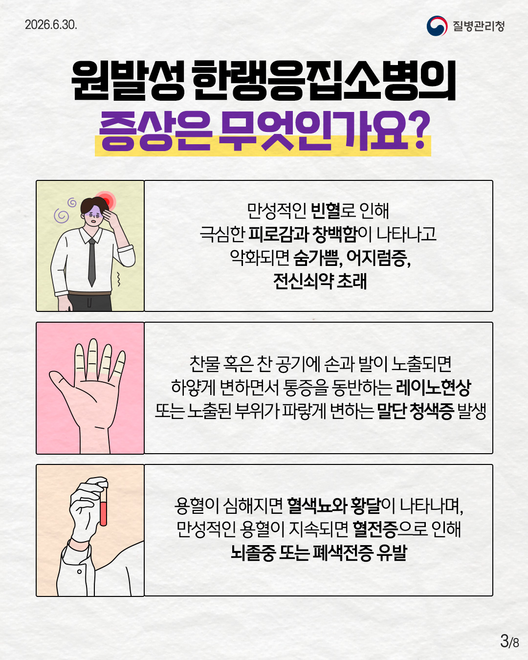 3페이지 원발성 한랭응집소병의 증상은 무엇인가요? 만성적인 빈혈로 인해 극심한 피로감과 창백함이 나타나고 악화되면 숨가쁨, 어지럼증, 전신쇠약 초래 찬물 혹은 찬 공기에 손과 발이 노출되면 하얗게 변하면서 통증을 동반하는 레이노현상 또는 노출된 부위가 파랗게 변하는 말단 청색증 발생 용혈이 심해지면 혈색뇨와 황달이 나타나며, 만성적인 용혈이 지속되면 혈전증으로 인해 뇌졸중 또는 폐색전증 유발