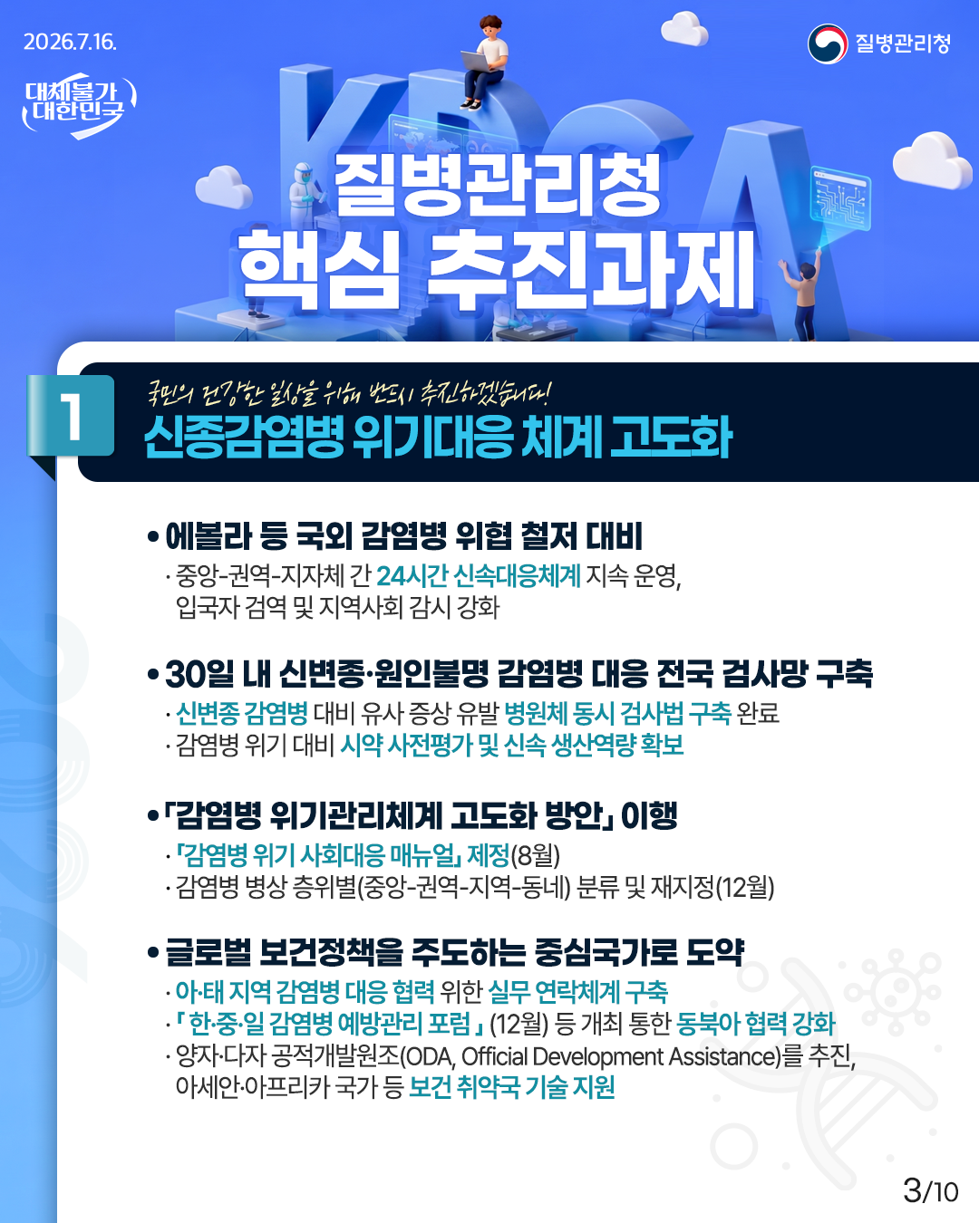 국민의 건강한 일상을 위해 반드시 추진하겠습니다! 1. 신종감염병 위기대응 체계 고도화  ① 에볼라 등 국외 감염병 위협 철저 대비 - 중앙-권역-지자체 간 24시간 신속대응체계 지속 운영, 입국자 검역 및 지역사회 감시 강화  ② 30일 내 신변종&middot;원인불명 감염병 대응 전국 검사망 구축 - 신변종 감염병 대비 유사 증상 유발 병원체 동시 검사법 구축 완료 - 감염병 위기 대비 시약 사전평가 및 신속 생산역량 확보  ③ 「감염병 위기관리체계 고도화 방안」 이행 - 「감염병 위기 사회대응 매뉴얼」 제정(8월) - 감염병 병상 층위별(중앙-권역-지역-동네) 분류 및 재지정(12월)  ④ 글로벌 보건정책을 주도하는 중심국가로 도약 - 아&middot;태 지역 감염병 대응 협력 위한 실무 연락체계 구축 - 「한&middot;중&middot;일 감염병 예방관리 포럼」(12월) 등 개최 통한 동북아 협력 강화 - 양자&middot;다자 공적개발원조(ODA, Official Development Assistance)를 추진, 아세안&middot;아프리카 국가 등 보건 취약국 기술 지원
