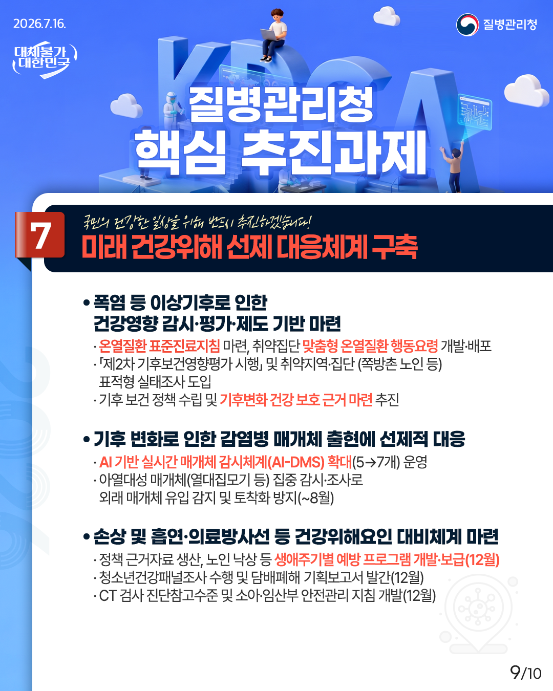 국민의 건강한 일상을 위해 반드시 추진하겠습니다! 7. 미래 건강위해 선제 대응체계 구축  ① 폭염 등 이상기후로 인한 건강영향 감시&middot;평가&middot;제도 기반 마련 -온열질환 표준진료지침 마련, 취약집단 맞춤형 온열질환 행동요령 개발&middot;배포 -「제2차 기후보건영향평가 시행」 및 취약지역&middot;집단 (쪽방촌 노인 등) 표적형 실태조사 도입 -기후 보건 정책 수립 및 기후변화 건강 보호 근거 마련 추진  ② 기후 변화로 인한 감염병 매개체 출현에 선제적 대응 -AI 기반 실시간 매개체 감시체계(AI-DMS) 확대(5$\rightarrow$7개) 운영 -아열대성 매개체(열대집모기 등) 집중 감시&middot;조사로 외래 매개체 유입 감지 및 토착화 방지(~8월)  ③ 손상 및 흡연&middot;의료방사선 등 건강위해요인 대비체계 마련 -정책 근거자료 생산, 노인 낙상 등 생애주기별 예방 프로그램 개발&middot;보급(12월) -청소년건강패널조사 수행 및 담배폐해 기획보고서 발간(12월) -CT 검사 진단참고수준 및 소아&middot;임산부 안전관리 지침 개발(12월)