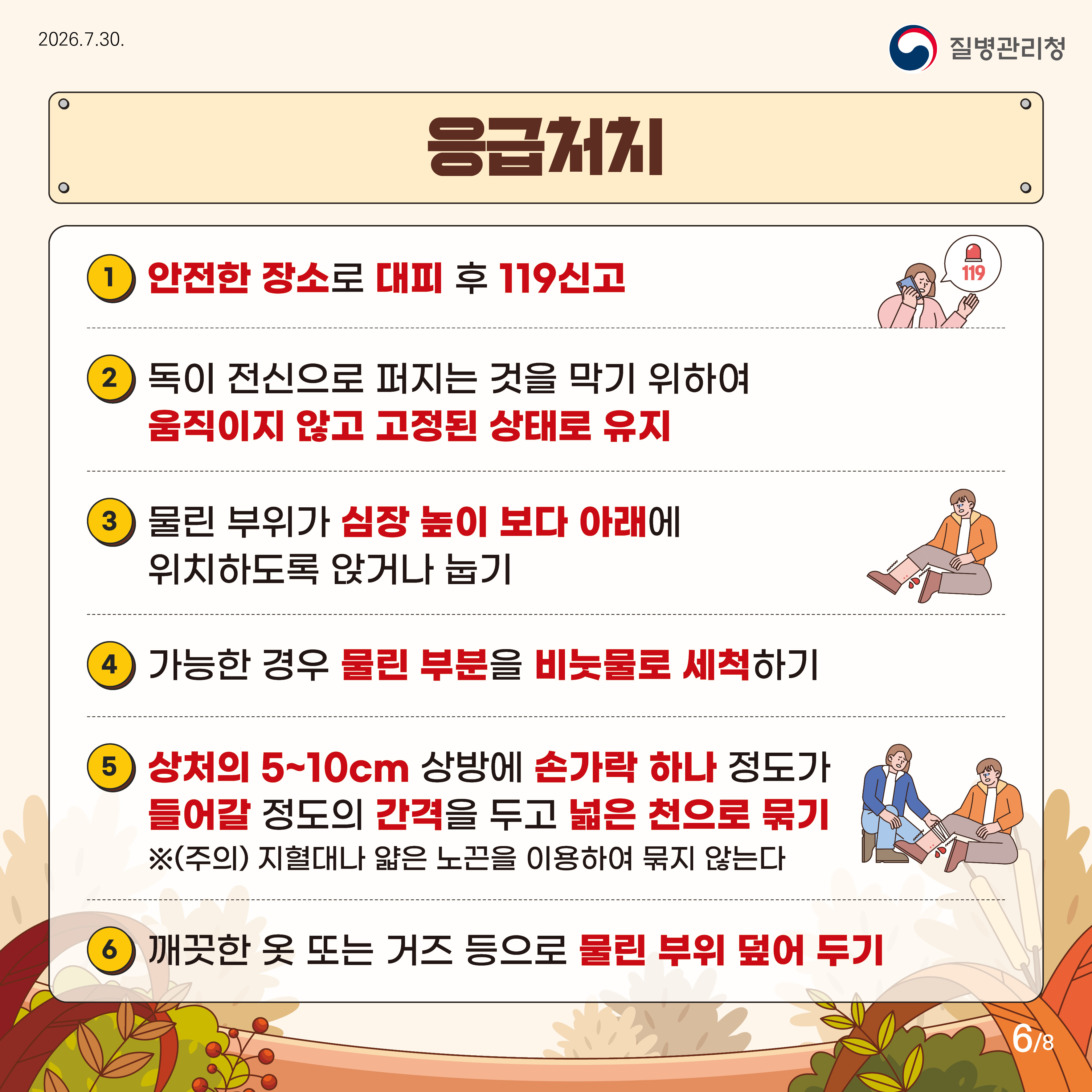 응급처치 1.안전한 장소로 대피 후 119신고 2.독이 전신으로 퍼지는 것을 막기 위하여 움직이지 않고 고정된 상태로 유지 3.물린부위가 심장 높이 보다 아래에 위치하도록 앉거나 눕기 4.가능한 경우 물린 부분을 비눗물로 세척하기 5.상처의 5~10cm 상방에 손가락 하나 정도가 들어갈 정도의 간격을 두고 넓은 천으로 묶기 * (주의) 지혈대나 얇은 노끈을 이용하여 묶지 않는다 6.깨끗한 옷 또는 거즈 등으로 물린 부위 덮어 두기