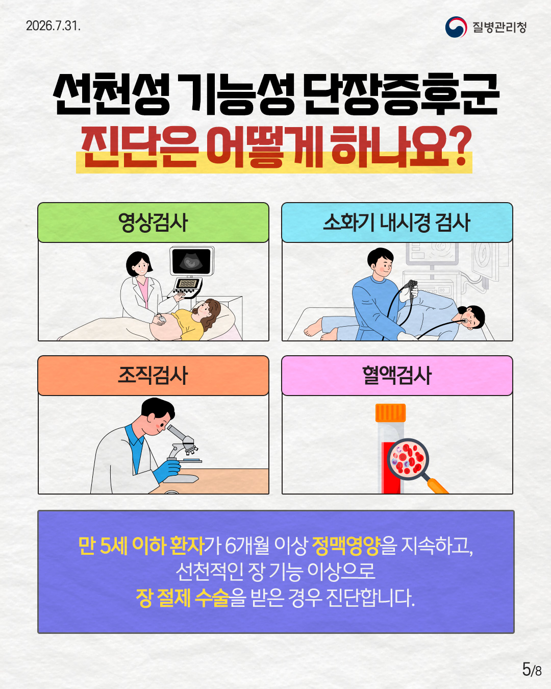 5페이지 선천성 기능성 단장증후군 진단은 어떻게 하나요? 영상검사 소화기 내시경 검사 조직검사 혈액검사 만 5세 이하 환자가 6개월 이상 정맥영양을 지속하고, 선천적인 장 기능 이상으로 장 절제 수술을 받은 경우 진단합니다. 5/8