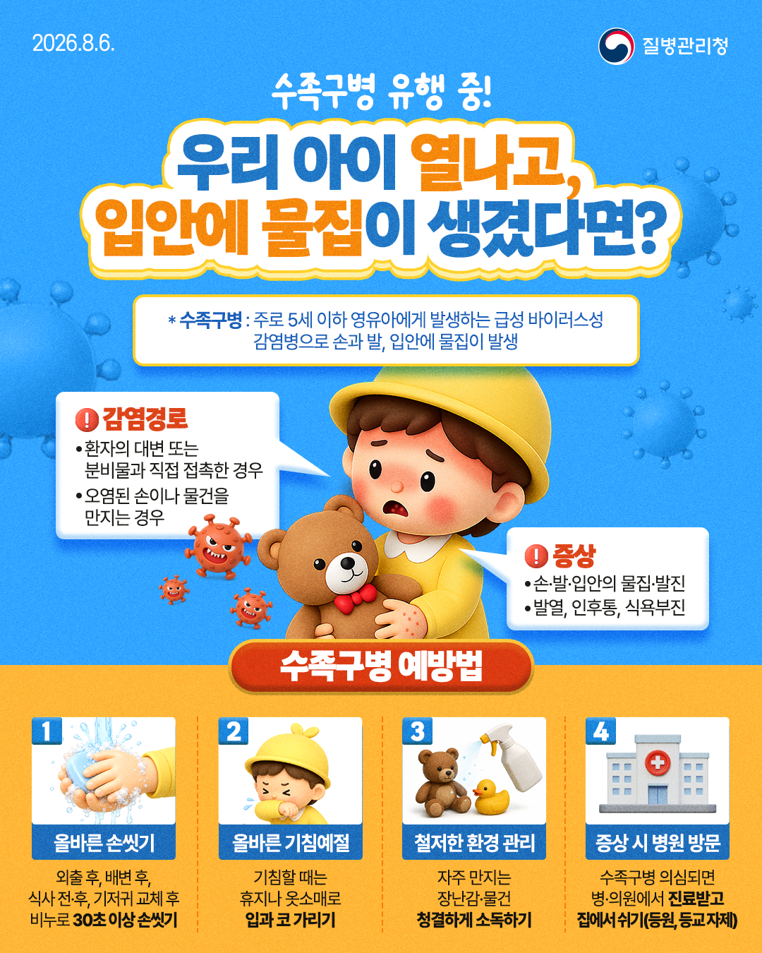 2026.8.6. ��������û  �������� ���� ��!  �츮 ���� ������, �Ծȿ� ������ ����ٸ�?  * �������� : �ַ� 5�� ���� �����ƿ��� �߻��ϴ� �޼� ���̷����� ���������� �հ� ��, �Ծȿ� ������ �߻�  �������: • ȯ���� �뺯 �Ǵ� �к񹰰� ���� ������ ��� • ������ ���̳� ������ ������ ���  ����: • �ա��ߡ��Ծ��� ���������� • �߿�, ������, �Ŀ����  �������� ����� 1. �ùٸ� �վı�:���� ��, �躯 ��,�Ļ� ������, ������ ��ü �ĺ񴩷� 30�� �̻� �վı� 2.�ùٸ� ��ħ����:��ħ�� ���� ������ �ʼҸŷ� �԰� �� ������ 3.ö���� ȯ�� ����: ���� ������ �峭�������� û���ϰ� �ҵ��ϱ� 4.���� �� ���� �湮: �������� �ǽɵǸ� �����ǿ����� ����ް� ������ ����(���, � ����)