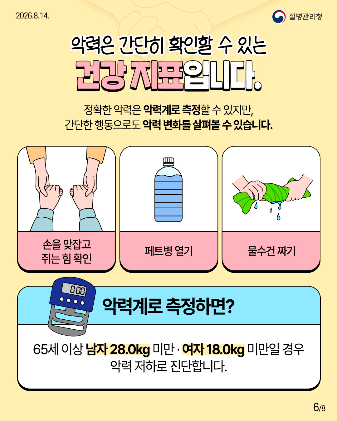 악력은 간단히 확인할 수 있는 건강 지표입니다.  정확한 악력은 악력계로 측정할 수 있지만, 간단한 행동으로도 악력 변화를 살펴볼 수 있습니다.  손을 맞잡고 주는 힘 확인  페트병 열기  물수건 짜기  악력계로 측정하면?  65세 이상 남자 28.0kg 미만 · 여자 18.0kg 미만일 경우 악력 저하로 진단합니다.