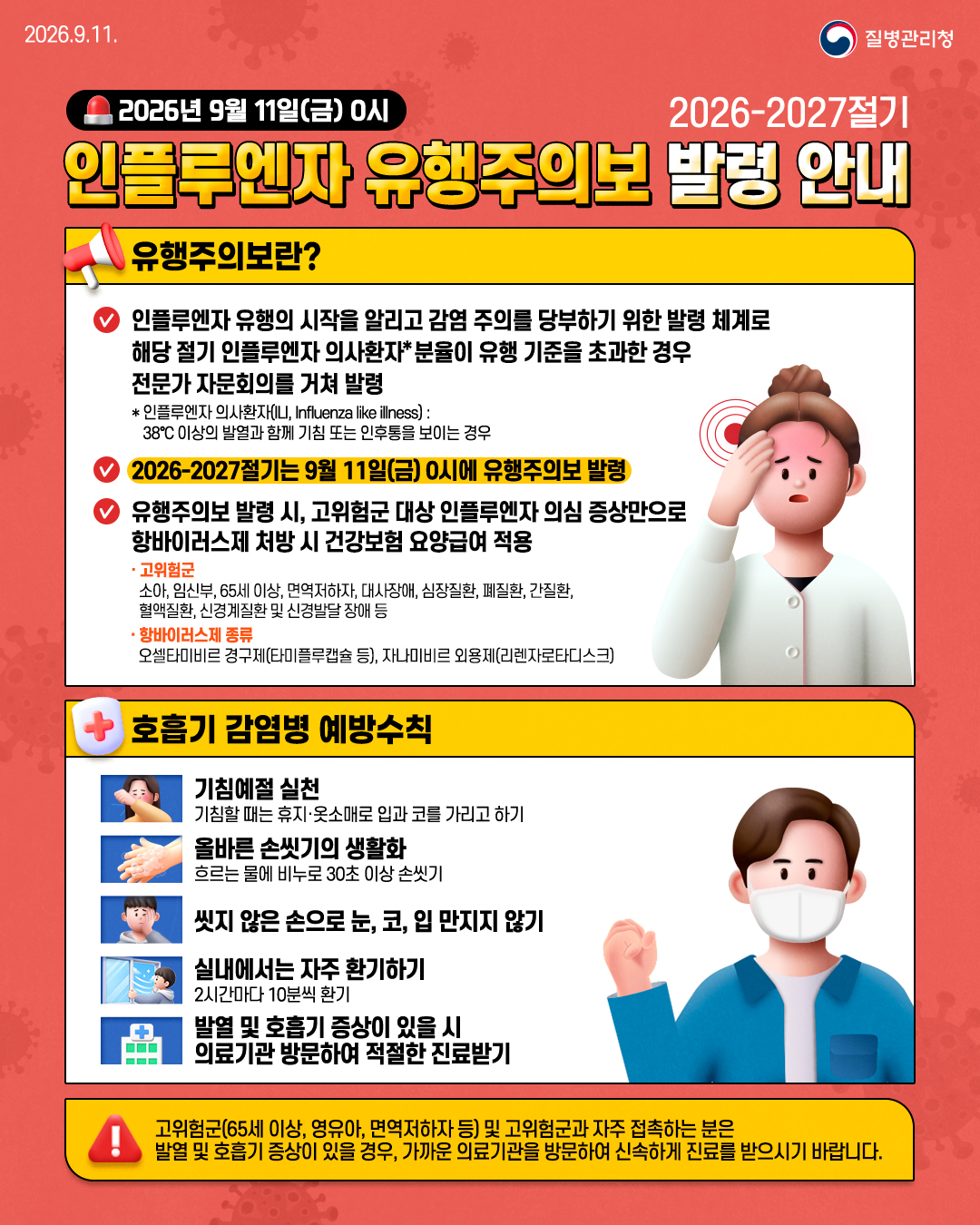 2026-2027절기 인플루엔자 유행주의보 발령 안내  발령 시점: 2026년 9월 11일(금) 0시  유행주의보란?  인플루엔자 유행의 시작을 알리고 감염 예방에 대한 주의를 당부하기 위한 발령 체계입니다. 해당 절기 인플루엔자 의사환자 분율이 유행 기준을 초과한 경우 전문가 자문회의를 거쳐 발령합니다.  ※ 인플루엔자 의사환자(ILI, Influenza-like Illness) 38℃ 이상의 발열과 함께 기침 또는 인후통을 보이는 경우  2026-2027절기 유행주의보  2026-2027절기 인플루엔자 유행주의보는 9월 11일(금) 0시부터 발령됩니다.  유행주의보 발령 기간에는 고위험군이 인플루엔자 의심 증상을 보여 항바이러스제를 처방받는 경우 건강보험 요양급여가 적용됩니다.  고위험군: 소아, 임신부, 65세 이상, 면역저하자, 대사장애, 심장질환, 폐질환, 간질환, 혈액질환, 신경계질환 및 신경발달장애 등 항바이러스제: 오셀타미비르 경구제(타미플루캡슐 등), 자나미비르 외용제(리렌자로타디스크) 기침예절 실천: 기침할 때는 휴지나 옷소매로 입과 코를 가리기 올바른 손씻기: 흐르는 물에 비누로 30초 이상 손씻기 손 위생: 씻지 않은 손으로 눈·코·입 만지지 않기 실내 환기: 2시간마다 10분씩 환기하기 증상 발생 시: 발열이나 호흡기 증상이 있으면 의료기관을 방문해 적절한 진료받기  65세 이상, 영유아, 면역저하자 등 고위험군과 고위험군을 자주 접촉하는 분은 발열 또는 호흡기 증상이 나타나면 가까운 의료기관을 방문해 신속하게 진료를 받으시기 바랍니다.