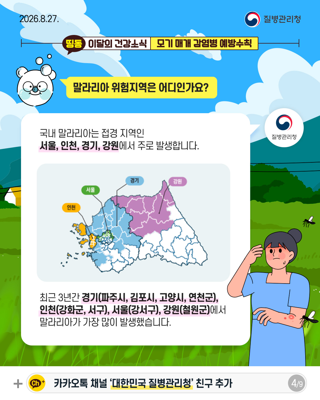 말라리아 위험지역은 어디인가요?  국내 말라리아 접경 지역인 서울, 인천, 경기, 강원에서 주로 발생합니다.  최근 3년간 경기(파주시, 김포시, 고양시, 연천군),  인천(강화군, 서구), 서울(강서구), 강원(철원군)에서  말라리아가 가장 많이 발생했습니다.