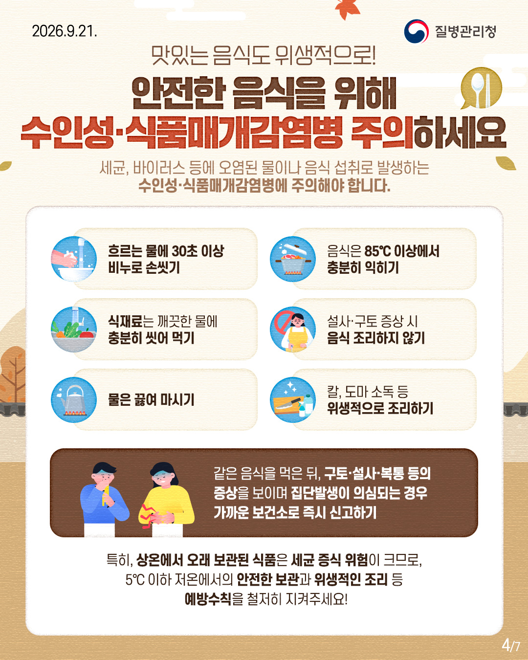 맛있는 음식도 위생적으로!  안전한 음식을 위해 수인성&middot;식품매개감염병 주의하세요  세균, 바이러스 등에 오염된 물이나 음식 섭취로 발생하는  수인성&middot;식품매개감염병에 주의해야 합니다.  흐르는 물에 30초 이상 비누로 손씻기  음식은 85&deg;C 이상에서 충분히 익히기 식 재료는 깨끗한 물에 충분히 씻어 먹기  설사&middot;구토 증상 시 음식 조리하지 않기  물은 끓여 마시기  칼, 도마 소독 등 위생적으로 조리하기   같은 음식을 먹은 뒤, 구토&middot;설사&middot;복통 등의  증상을 보이며 집단발생이 의심되는 경우  가까운 보건소로 즉시 신고하기   특히, 상온에서 오래 보관된 식품은 세균 증식 위험이 크므로,  5&deg;C 이하 저온에서의 안전한 보관과 위생적인 조리 등  예방수칙을 철저히 지켜주세요!