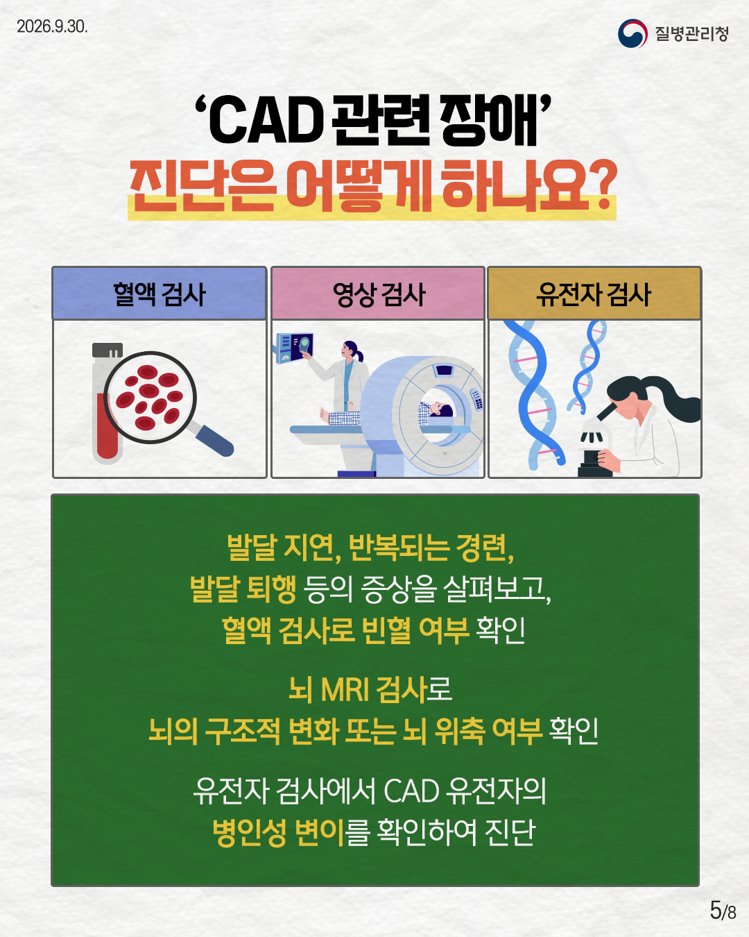 'CAD 관련장애' 진단은 어떻게 하나요? 혈액 검사 영상검사 유전자검사 발달 지연, 반복되는 경련, 발달 퇴행 등의 증상을 살펴보고, 혈액 검사로 빈혈 여부 확인 뇌 MRI 검사로 뇌의 구조적 변화 또는 뇌 위축 여부 확인 유전자 검사에서 CAD 유전자의 병인성 변이를 확인하여 진단