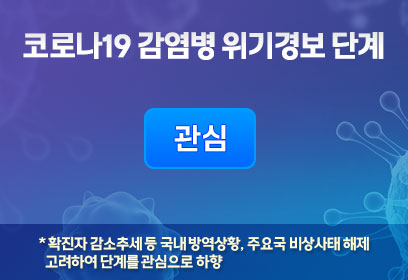 코로나19 감염병 위기경보 단계 - 관심 *확진자 감소추세 등 국내방역상황, 주요국 비상사태 해제 고려하여 단계를 관심으로 하향