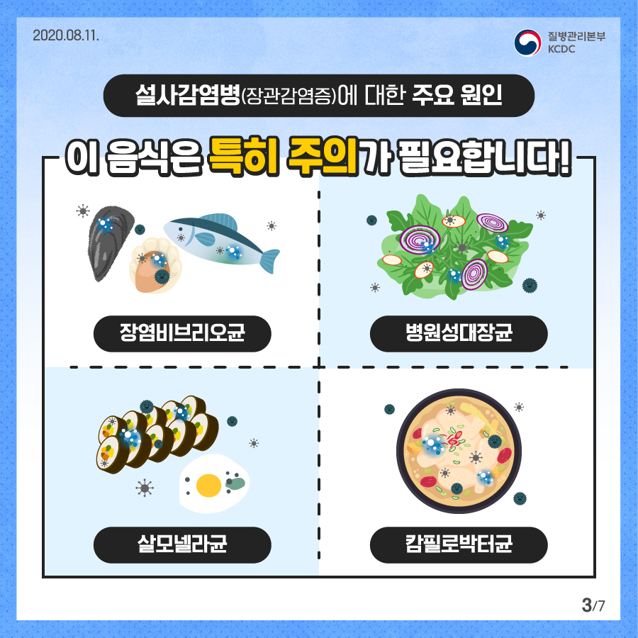 2020년 8월 11일 질병관리본부 KCDC 7페이지 중 3페이지 설사 감염병(장관감염증)에 대한 주요 원인, 이 음식은 특히 주의가 필요합니다. 장염비브리오균, 병원성대장균, 살모넬라균, 캄필로박터균