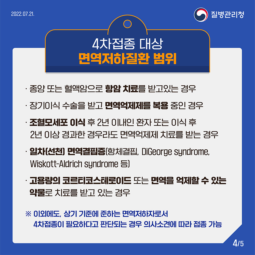 4차접종 대상 면역저하질환 범위 ‣종양 또는 혈액암으로 항암 치료를 받고 있는 경우 ‣장기이식 수술을 받고 면역억제제를 복용 중인 경우 ‣조혈모세포 이식 후 2년 이내인 환자 또는 이식 후 2년 이상 경과한 경우라도 면역억제제 치료를 받는 경우 ‣일차(선천) 면역결핍증(항체결핍, DiGeorge syndrome, Wiskott–Aldrich syndrome 등) ‣고용량의 코르티코스테로이드 또는 면역을 억제할 수 있는 약물로 치료를 받고 있는 경우 * 이외에도, 상기 기준에 준하는 면역저하자로서 4차접종이 필요하다고 판단되는 경우 의사소견에 따라 접종 가능